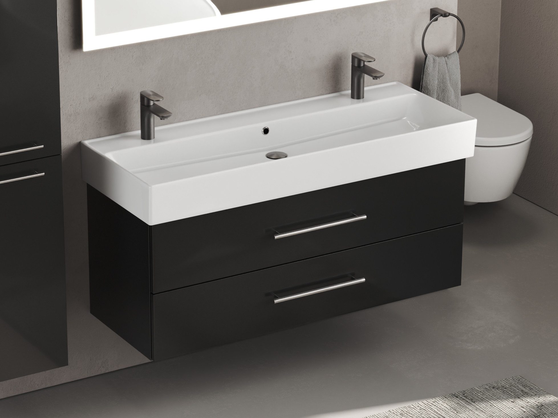Aqua Bagno Badmöbel-Set Aqua Bagno Flex Badmöbel 120 cm Schwarz Hochglanz - Keramikwaschbecken, (vormontiert, 2-St., Badmöbelschrank lackiert, Keramikwaschbecken), einfache Montage, Skandi