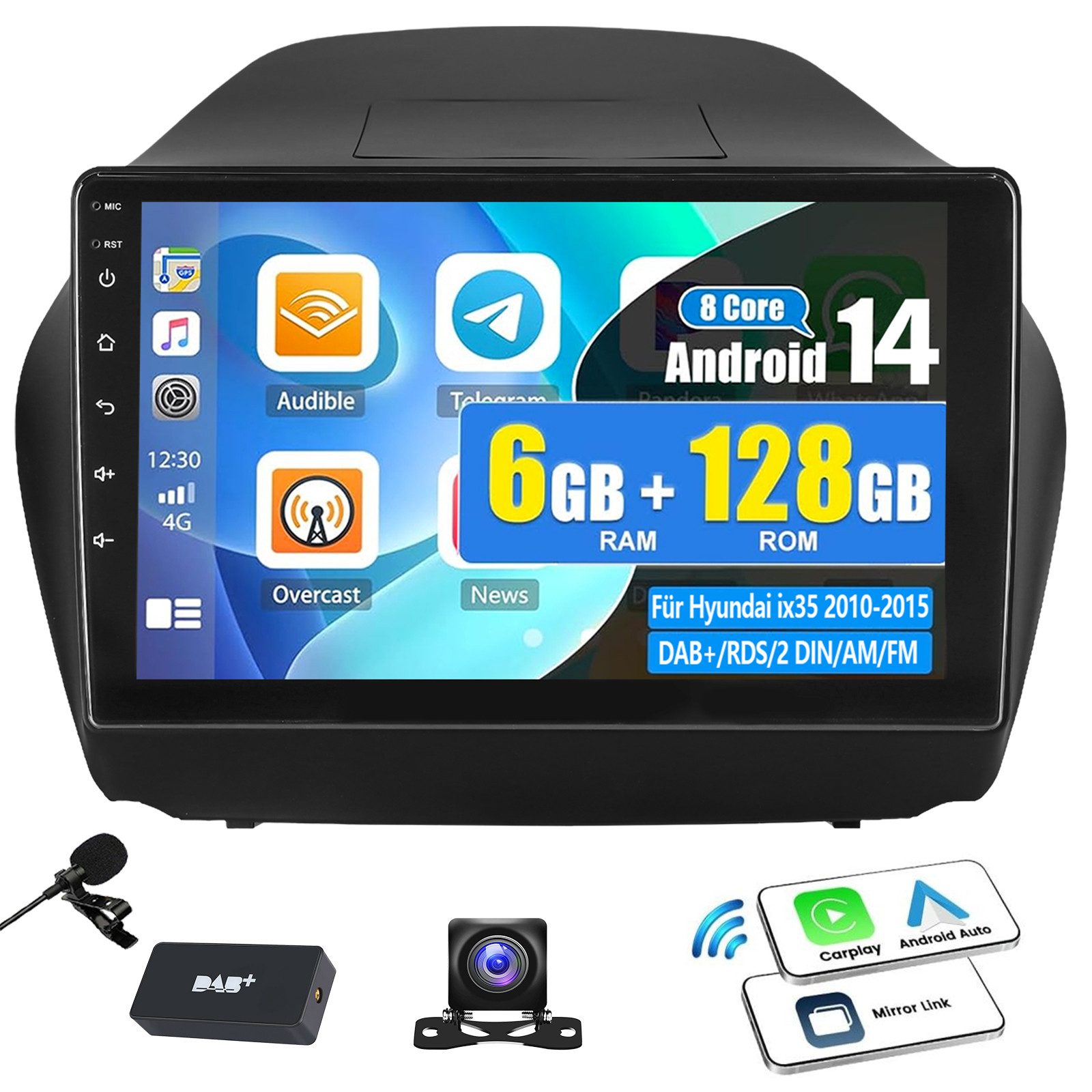 ESSGOO 4G DAB+ Für Hyundai ix35 2010-2015 Tucson Autoradio Carplay 6+128G Autoradio (6GB+128GB, RDS, Digitalradio (DAB), FM, AM, Carplay Android Auto Bluetooth EQ USB GPS Navi WIFI Touchscreen)