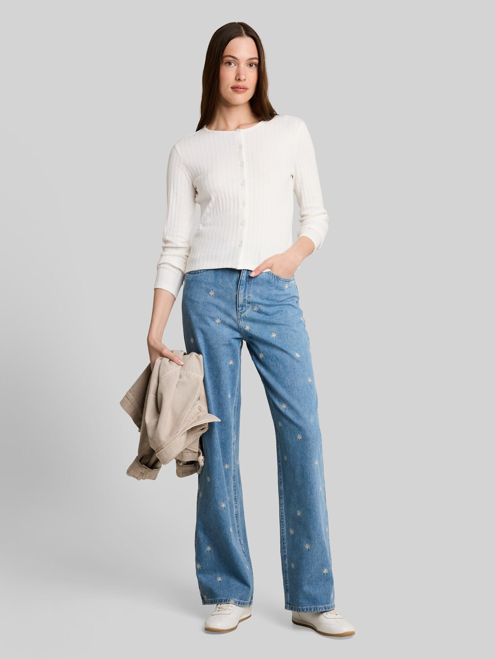 TOM TAILOR Denim Langarmshirt T-Shirt Pointelle Cardigan mit Knopfleiste – Bild 5 von 5