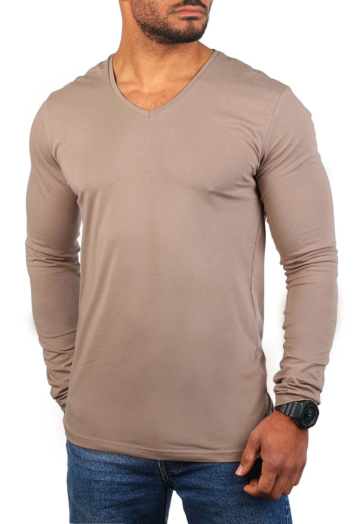 Young & Rich Langarmshirt Herren Uni Basic tiefer V-Ausschnitt Longsleeve Unterziehshirt 2239 V-Ausschnitt unifarben langarm slim fit