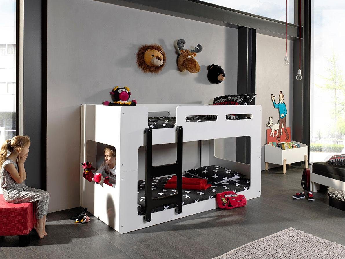 Vipack Hochbett Luca, Liegefläche oben 90/200, moderne zeitlose Optik (B/H/T ca. 209x121x101cm, MDF weiß lackiert, Leiter schwarz) inkl. Bodenplatten für die Matratzen mit Abstand für Belüftung
