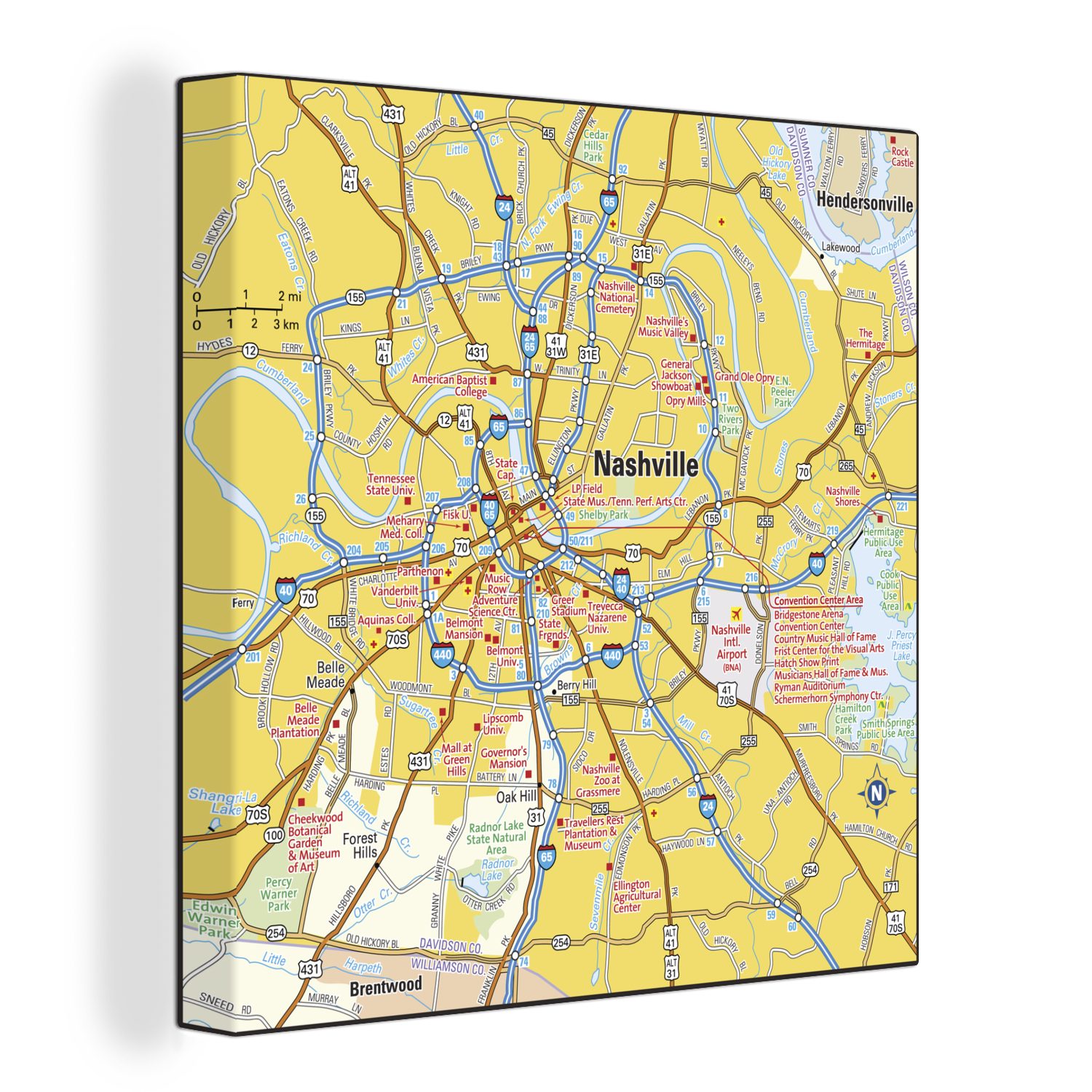 OneMillionCanvasses® Leinwandbild Illustration einer bunten Karte von Nashville, (1 St), Leinwand Bilder für Wohnzimmer Schlafzimmer