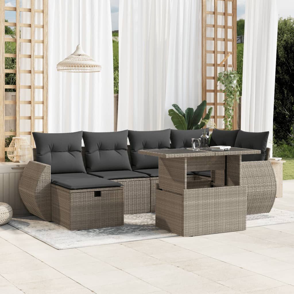 vidaXL Gartenlounge-Set 7-tlg. Garten-Sofagarnitur mit Kissen Hellgrau Poly Rattan, (1-tlg)