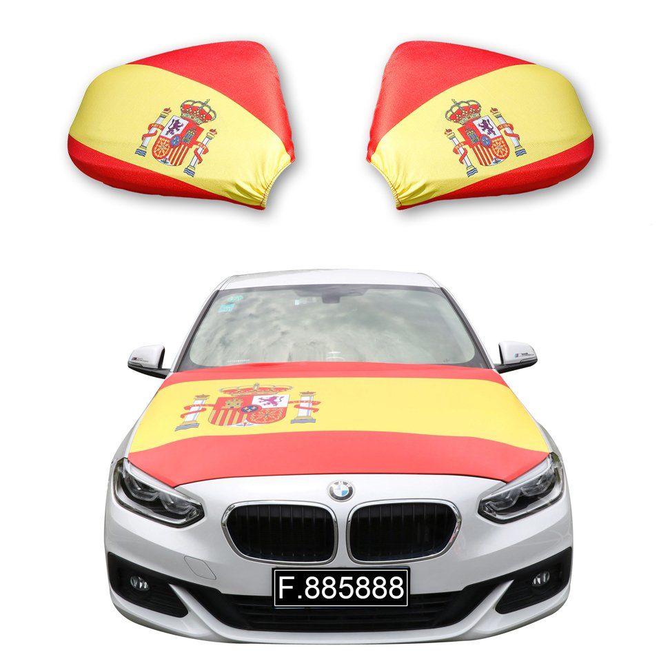 Sonia Originelli Fahne Fanset "Spanien" Spain Fußball Motorhaube Außenspiegel Flagge, für alle gängigen PKW Modelle, Motorhauben Flagge: ca. 115 x 150cm