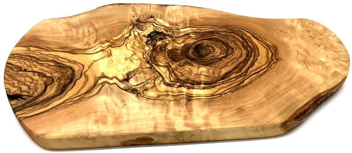 Olivenholz-erleben Schneidebrett Naturschnitt aus hochwertigem naturbelassenem Olivenholz, Massivholz, (1-St), Einzigartige Maserung, rustikale Kante, organisch – Bild 2 von 5