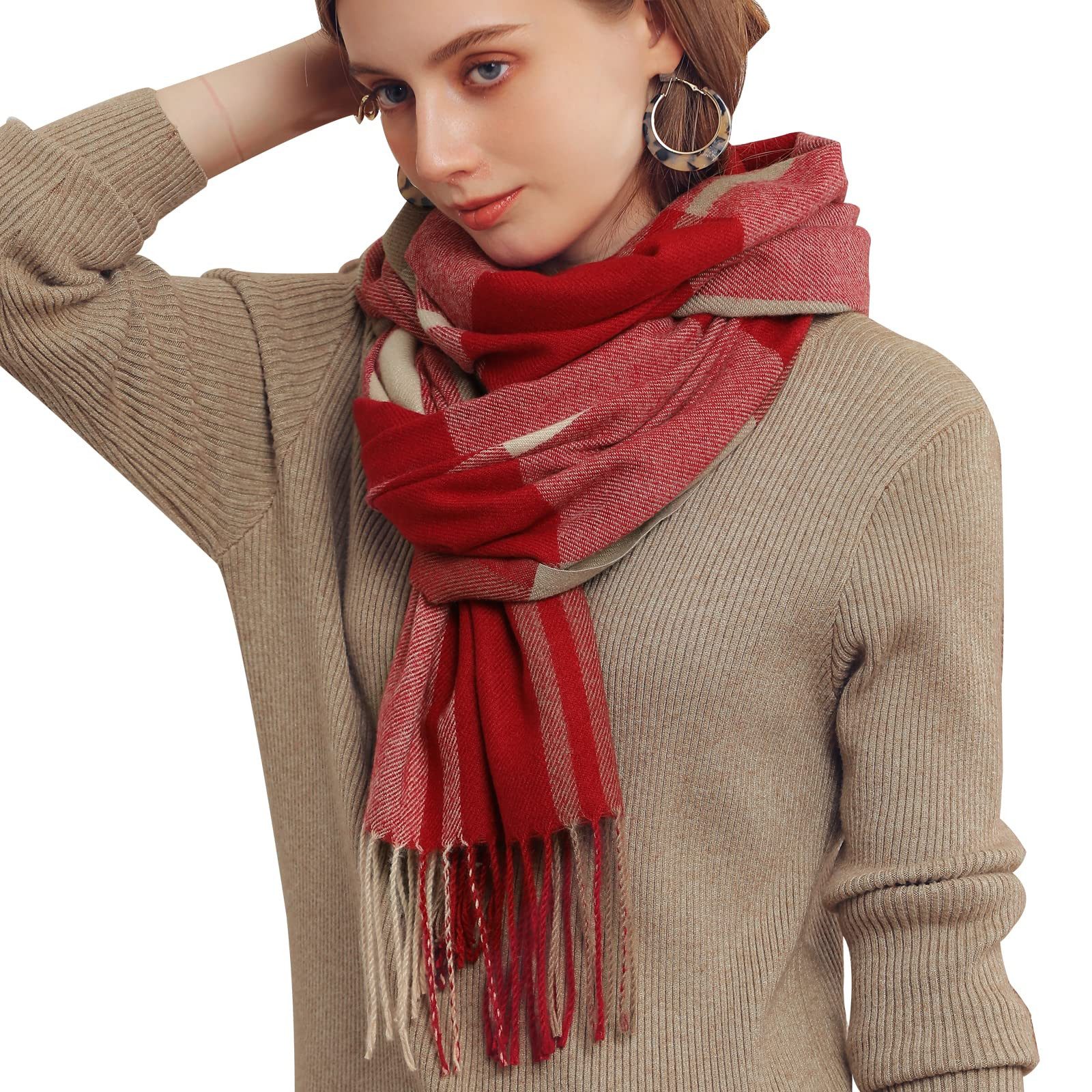Cachito Modeschal Damen Kariert Oversized Schal mit Fransen, Winterschal Weich Wraps, Karo Fransen Schals Warm für Herbst Winter, Mischfarbe