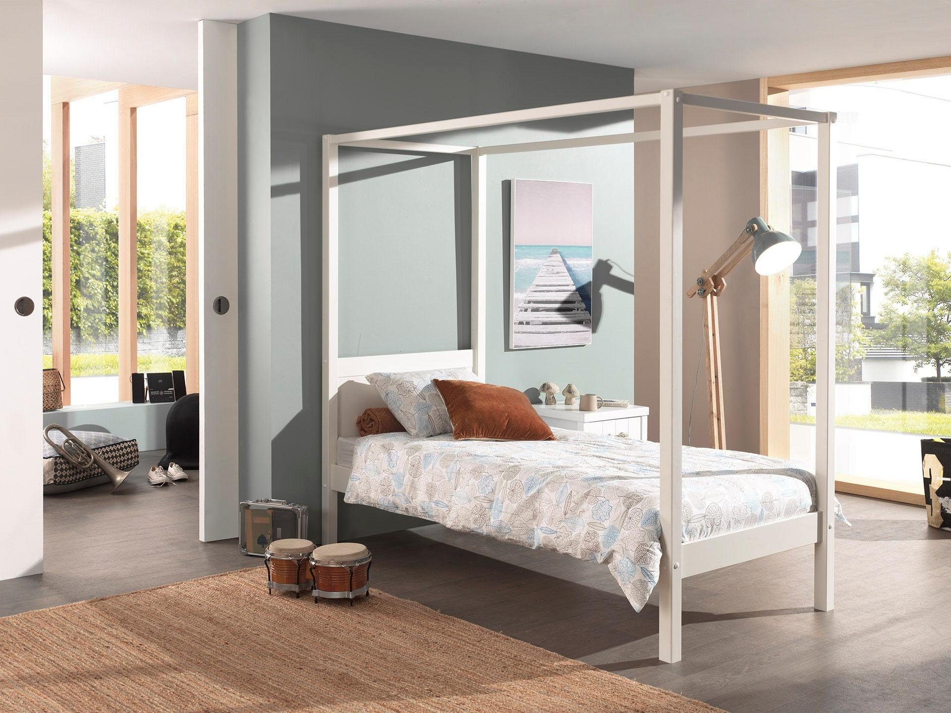 Vipack Himmelbett Pino, Kiefer massiv weiß lackiert, Made in Europe, zeitloses Design (B/H/T ca. 208x191x148cm, inkl. Rolllattenrost, 2 Breiten zur Auswahl), wahlweise mit Textil-Himmel