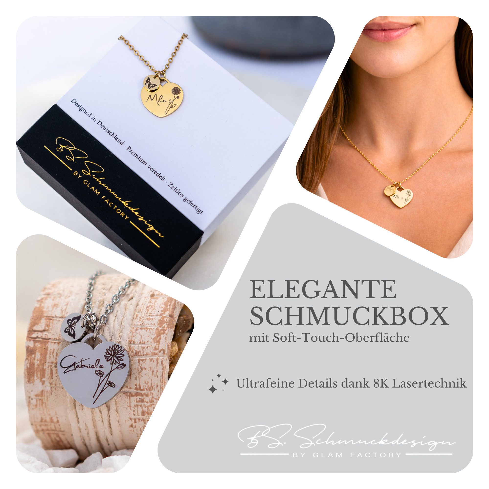 BS Schmuckdesign Kette mit Anhänger mit Gravur Personalisierte Halskette Damen Herzkette Name und Monatsblume Gravur (inkl. Gravur), vollständig personalisierbar inkl. Geschenkbox