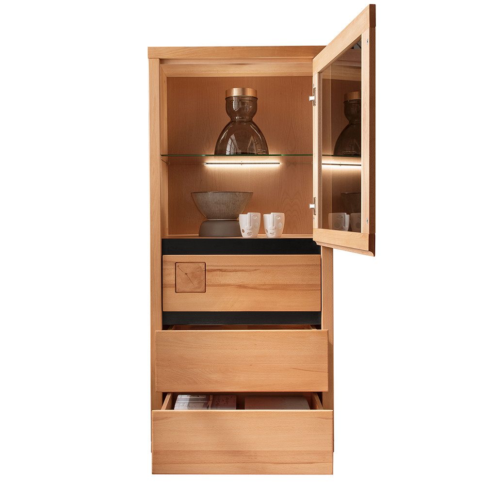 Lomadox Highboard WINCHESTER-69, Standvitrine Schrank 65 cm Buche massiv geölt Hirnholz-Detail