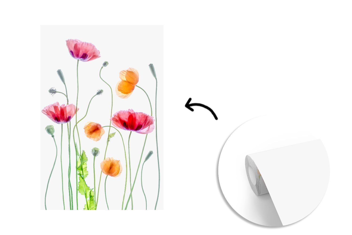 St), - bedruckt, Frühling - Fototapete für Wandtapete Weiß, Wohnzimmer, Montagefertig MuchoWow Blumen Mohn Tapete Matt, (3 - Vinyl