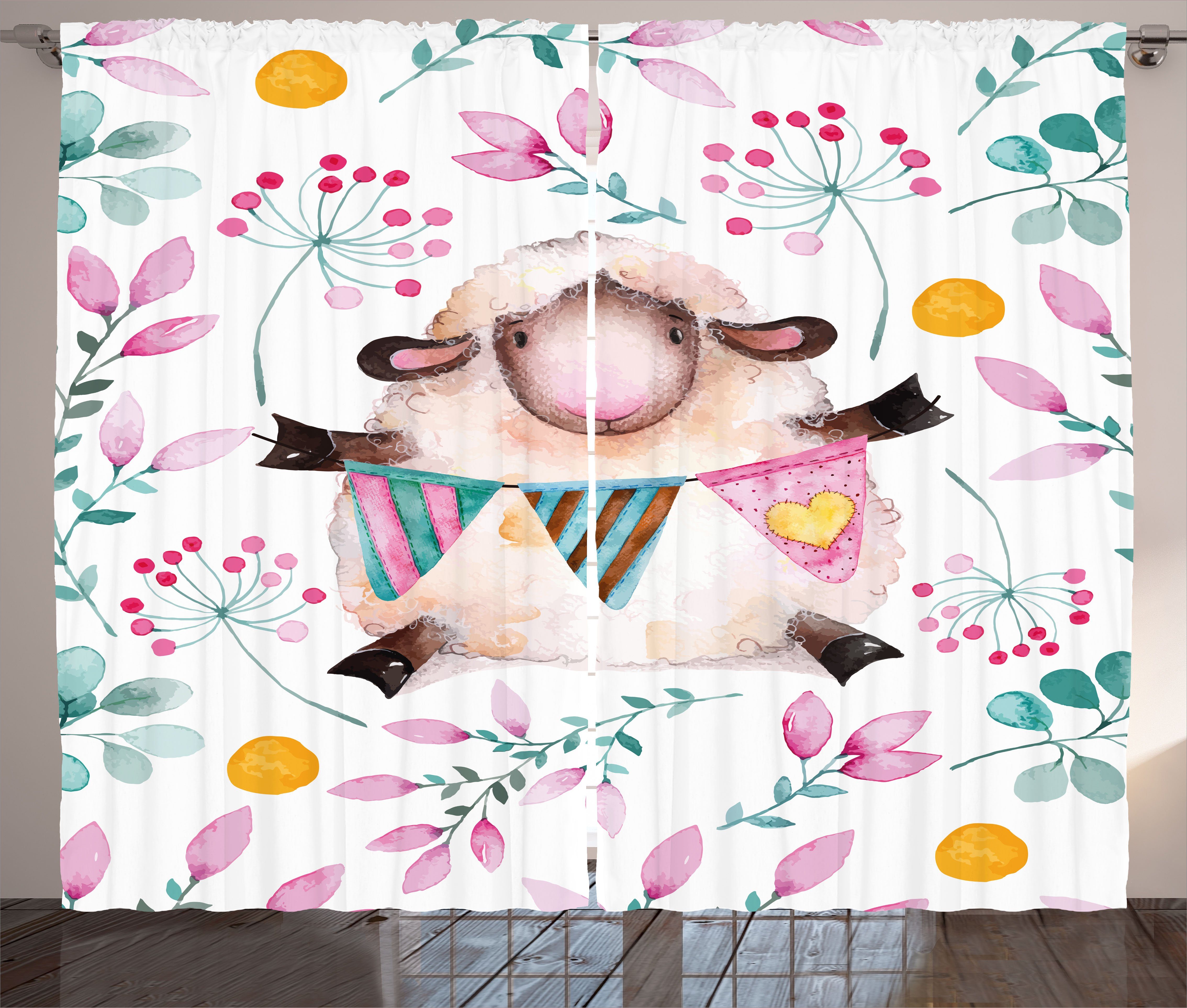 Gardine Schlafzimmer Kräuselband Vorhang mit Schlaufen und Haken, Abakuhaus, Blumen Aquarell Cartoon-Schaf
