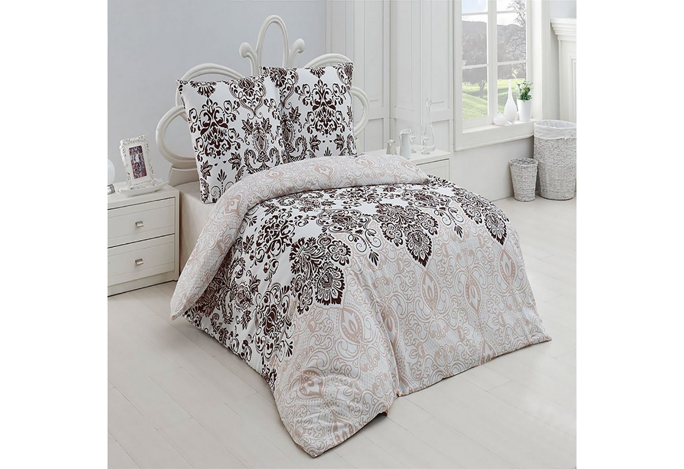 Buymax Bettwäsche Wendebettwäsche, Bettbezug-Set, Renforcé 100% Baumwolle, 3 teilig, 200x200 cm, elegant, mit Reißverschluss, Barock, Weiß, Beige