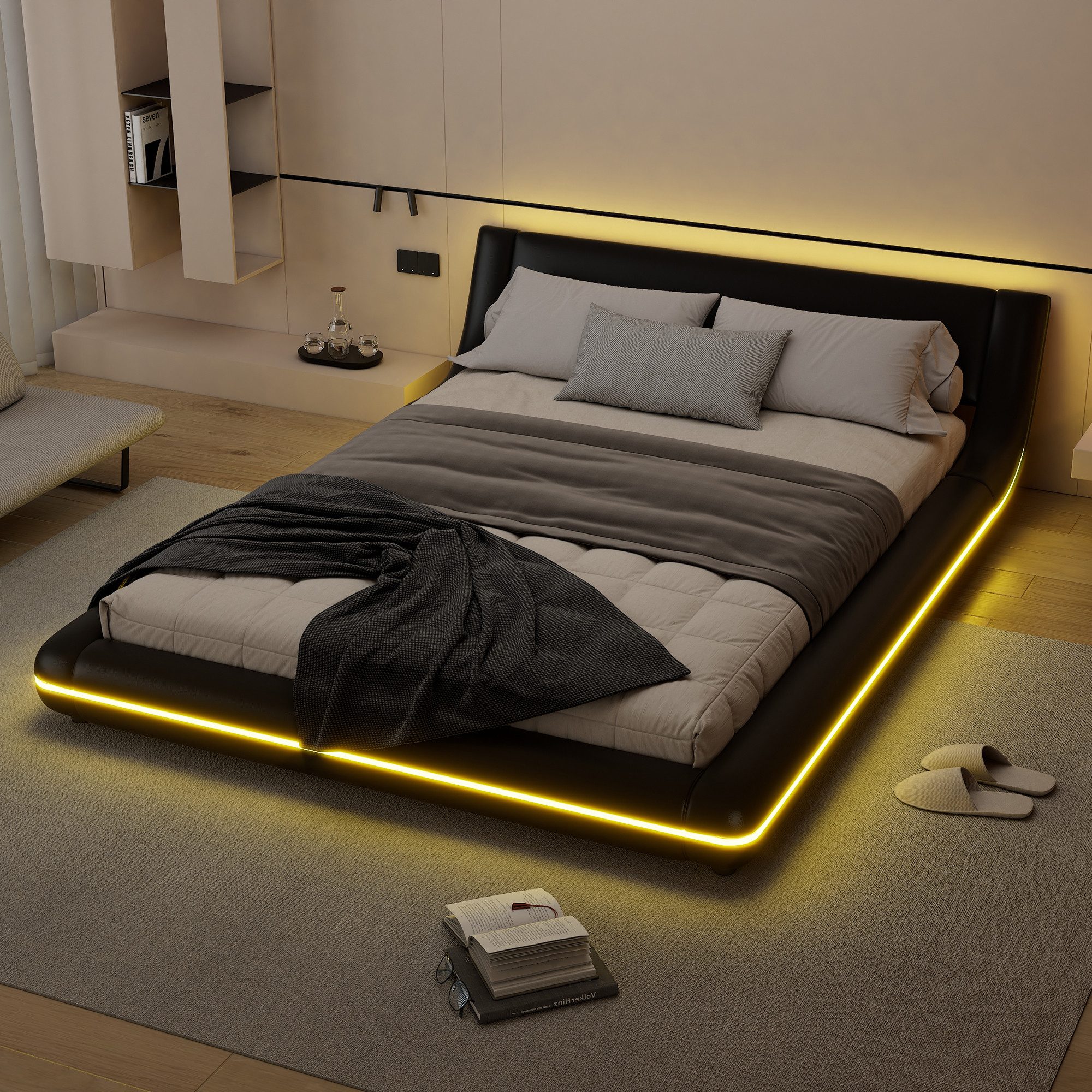 Ulife Polsterbett 140×200 cm & weitere Größen mit modern Design, Doppelbett aus PU (1-tlg), Bodenbett mit LED-Umgebungslicht, Schwarz 140X200cm