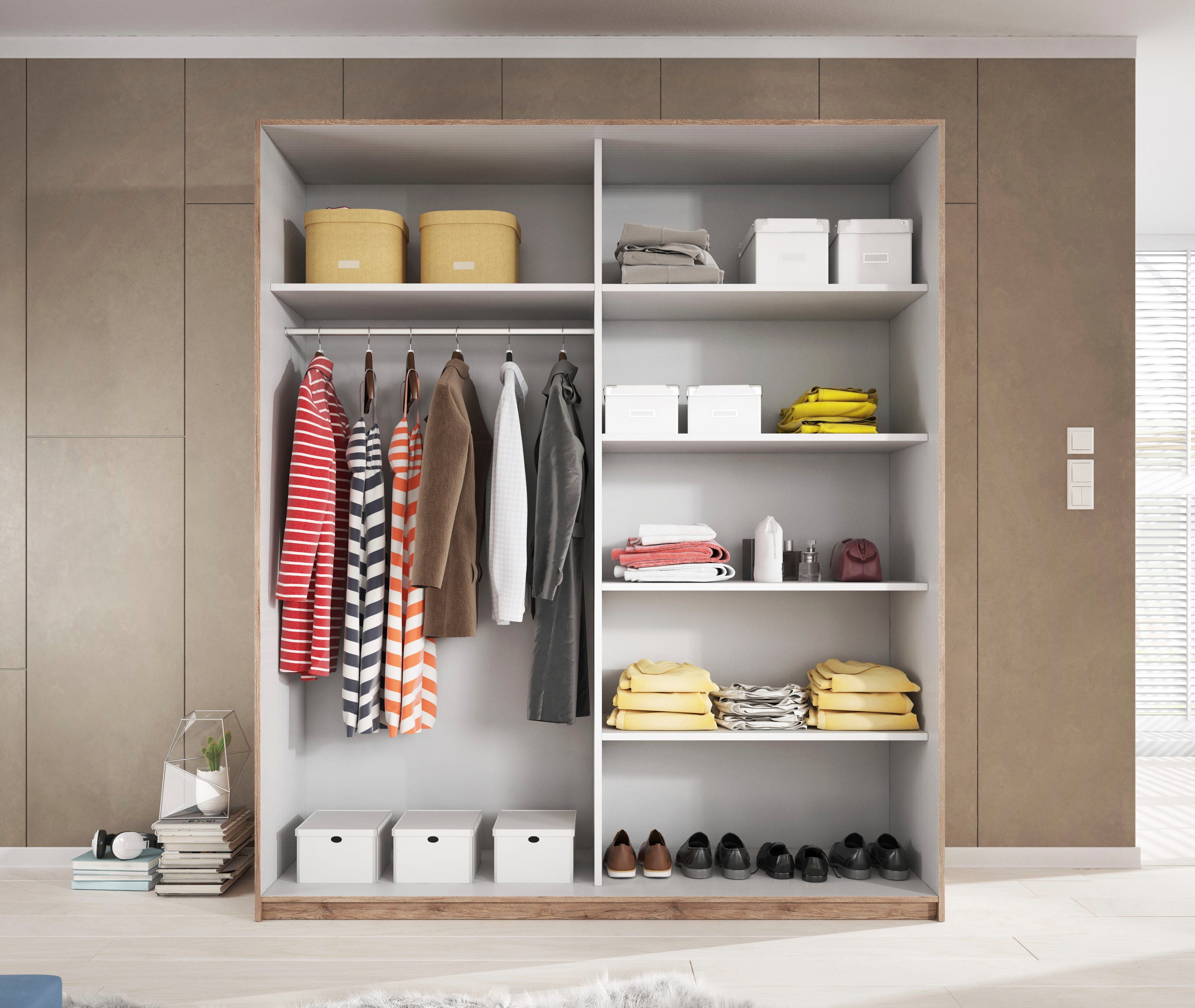 Home affaire Schiebetürenschrank Galaxy Breite 200,220 oder 270cm breit, Kleiderschrank, Wäscheschrank INKLUSIVE kompletter Innenausstattung, Metallgriffe