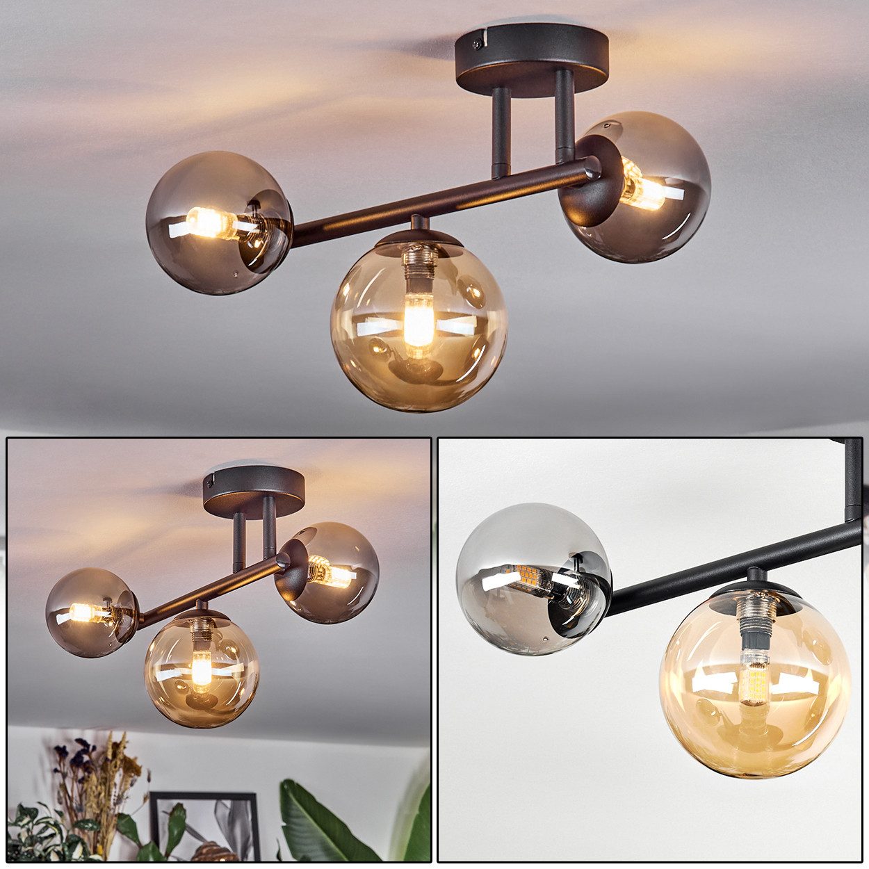 hofstein Deckenleuchte Deckenlampe aus Metall/Glas in Schwarz/Bernstein-/Ra günstig online kaufen