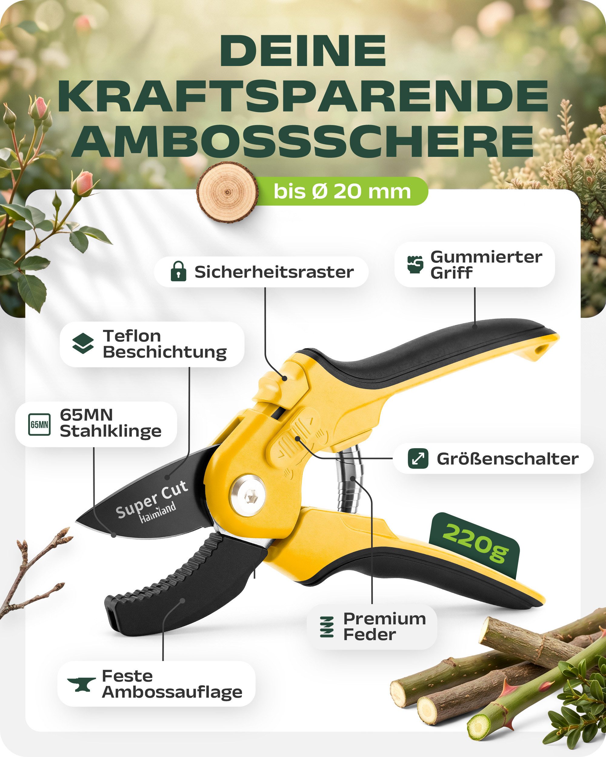 halmland Gartenschere Profi Amboss-Gartenschere – kraftsparend Äste bis 20 mm schneiden – Bild 4 von 5