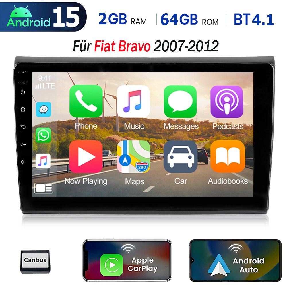 ESSGOO DAB+ 64G Android 15 2 DIN Für Fiat Bravo II 2007-12 Carplay GPS Navi Autoradio (4+64GB(optional), DAB+ (optional), Apple Carplay & Android Auto Bluetooth, WiFi, FM, RDS)