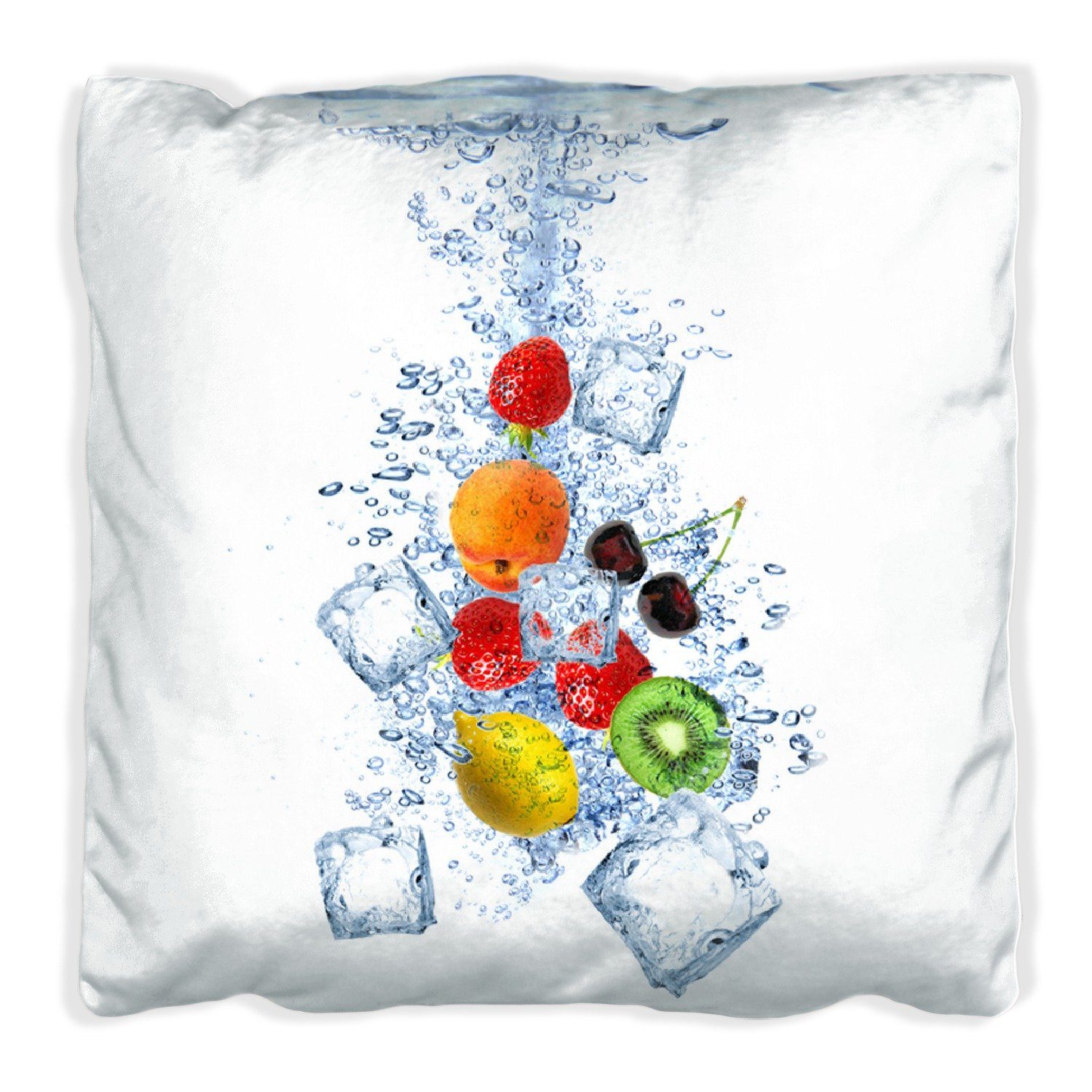Wasser Dekokissen handgenäht im weißem Hintergrund, Obst-Eiswürfel-Mix Wallario mit