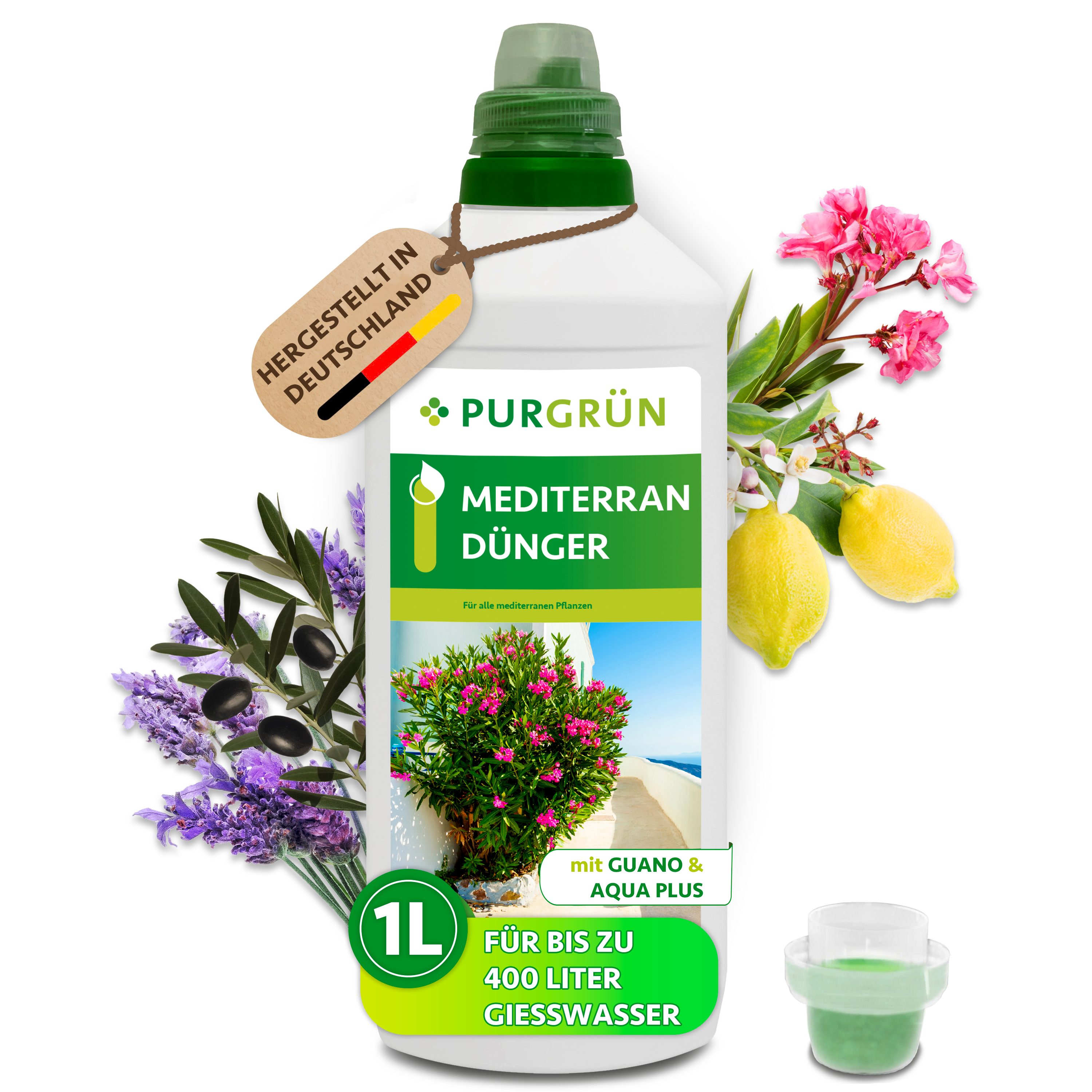 Purgrün Universaldünger Mediterran Dünger, NPK 8+8+6, für Blütenpracht, mit Guano, 1L, Flüssigdünger, 1-St., 1 Liter, Fördert die Wasseraufnahme mit Aqua Plus