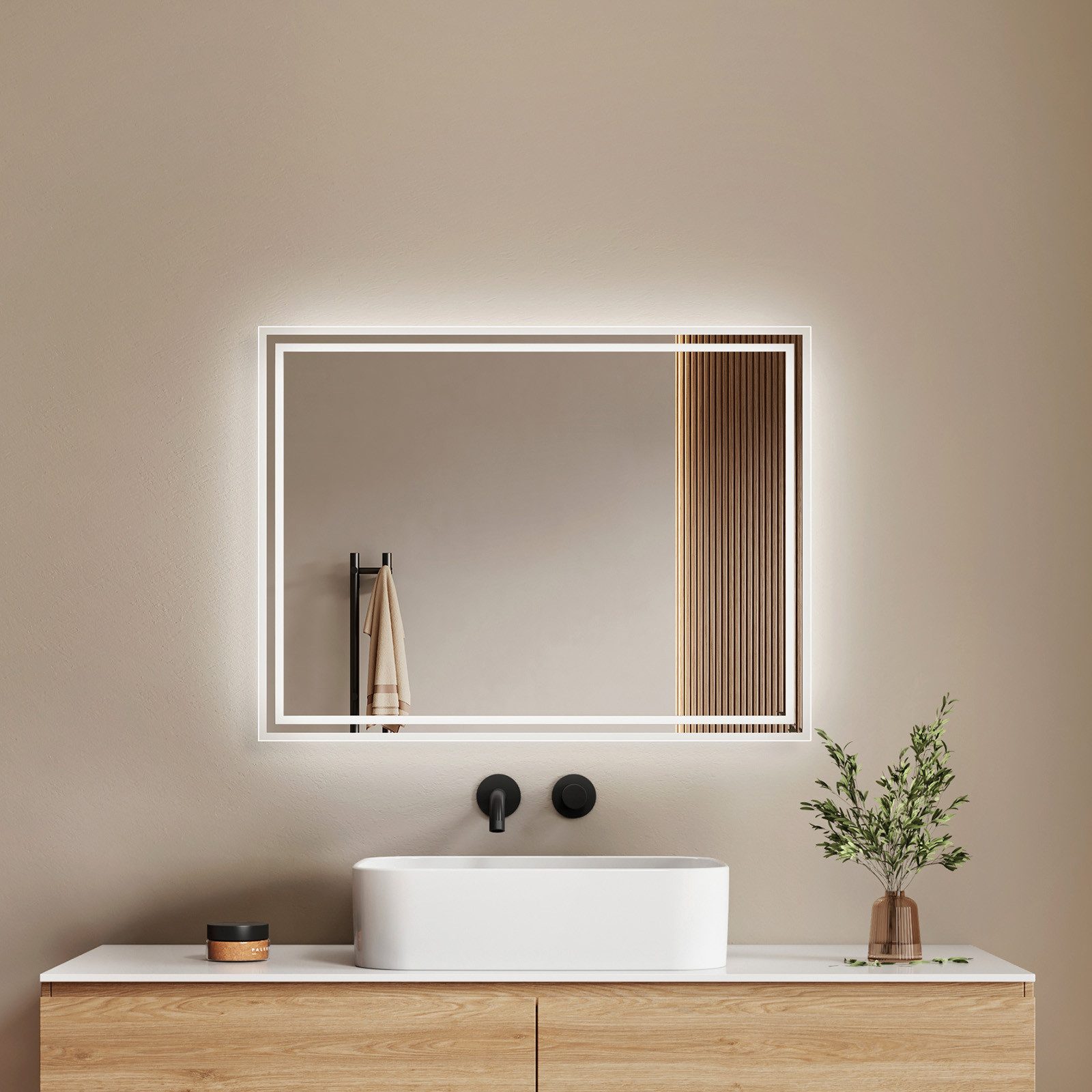 EMKE Badspiegel mit Beleuchtung und Beleuchtung,LED Spiegel mit 2 Lichtfarben dimmbar (Vertikal Horizontal möglich, Beschlagfrei, 2 Lichtfarben), Wandspiegel IP44