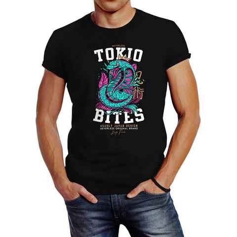 Neverless Print-Shirt Neverless® Herren T-Shirt Japan Kobra Motiv japanische Schriftzeichen Schriftzug Tokio bites Fashion Streetstyle mit Print