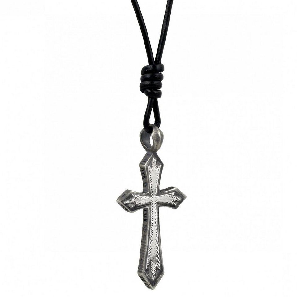 CAÏ Kette mit Anhänger 925/- Sterling Silber oxidiert Kreuz, Mit schwarzen  Lederband