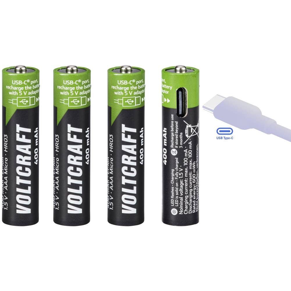 Li-Ion USB-C® Akkus, AAA 1.5 V, 400 mAh ladbar Akku