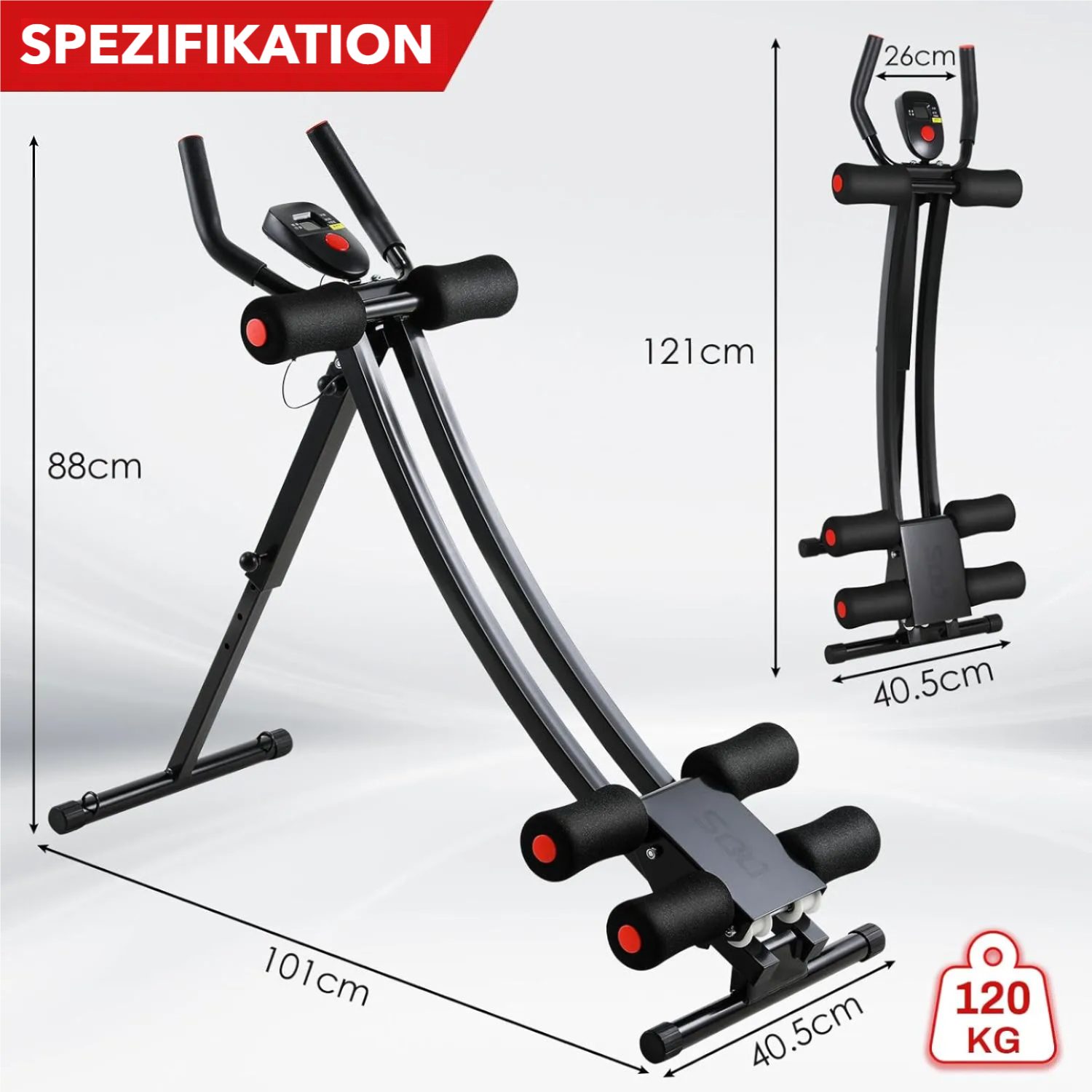 TLGREEN Bauchtrainer Bequemes Kurvengleis (Zusammenklappbar, 4 höhenverstellbar, Mit LCD-Display,Tragfähigkeit 120 kg), Muskelaufbau, Fettabbau