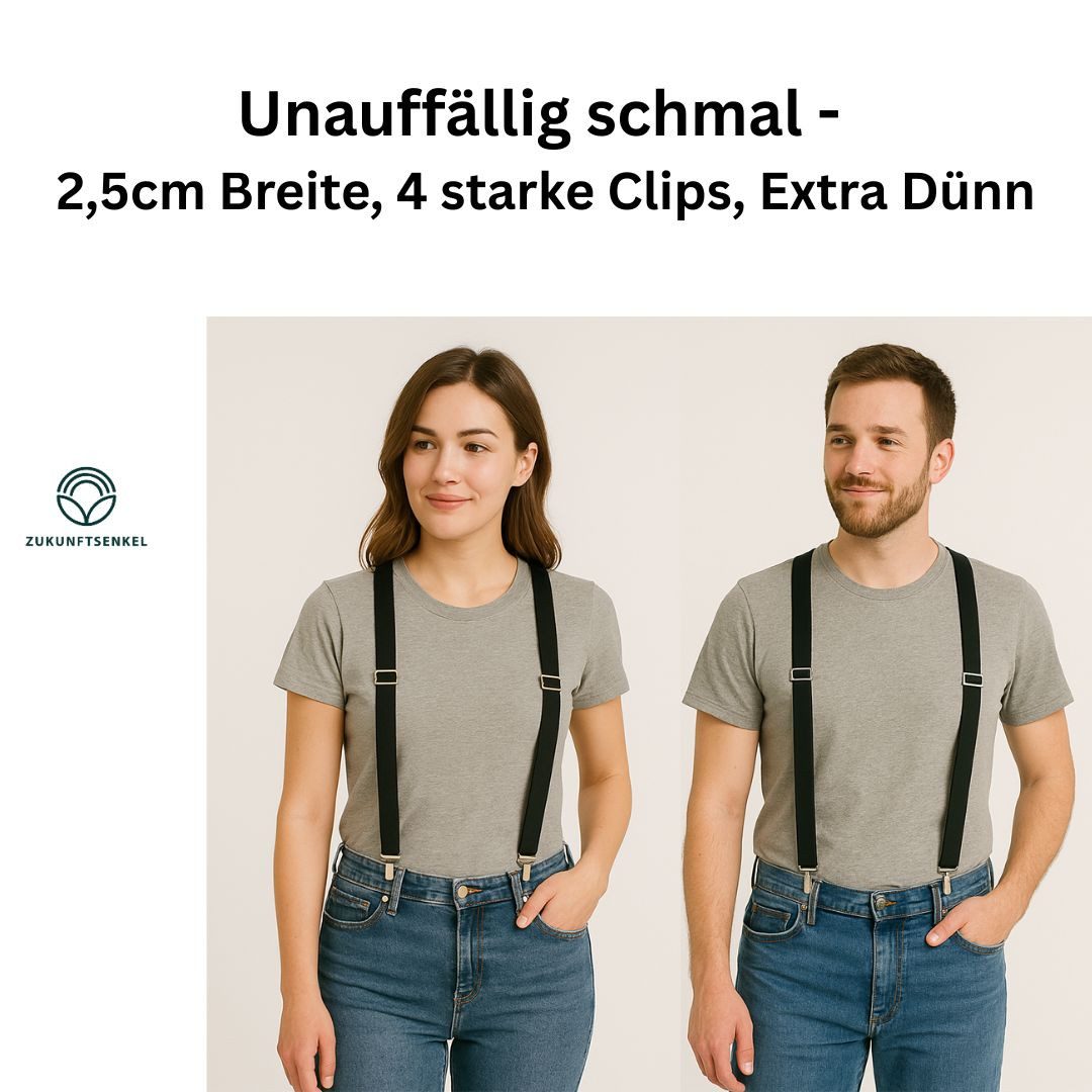 ZUKUNFTSENKEL Hosenträger Schmaler Hosenträger - Sicherer Halt Damen & Herren 2,5cm X-Form (Für Damen und Herren) 4 Starke Clips, Deutsche Herstellung, Elastisch