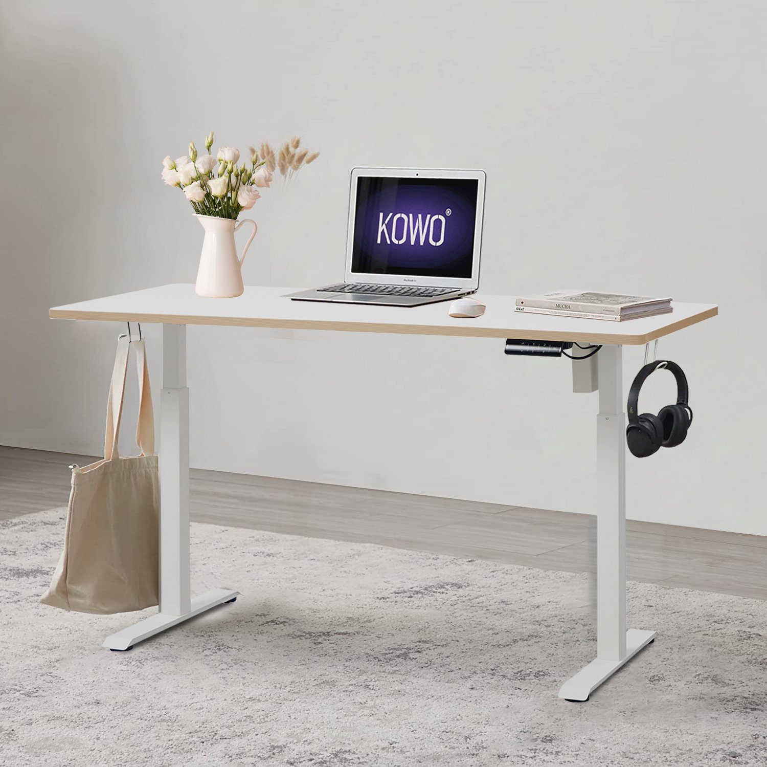 KOWO Schreibtisch Höhenverstellbarer Schreibtisch 160 cm Bürotisch mit Tischgestell, mit USB C Ladegerät und USB Netzteil für iPhone, iPad, MacBook, Handy