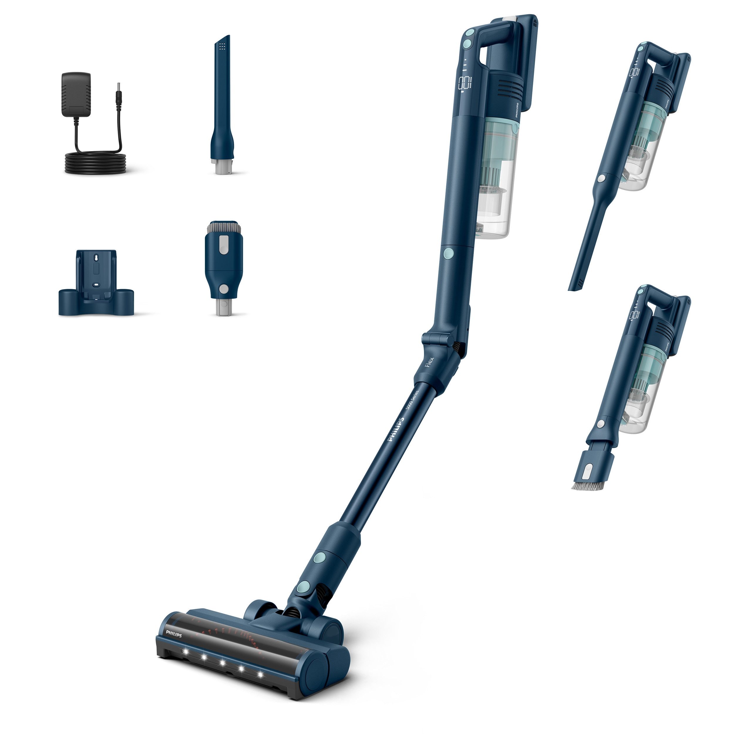 Philips Akku-Hand-und Stielstaubsauger XC5242/10 5000 Series „Teppichwunder“ mit Flexrohr, 50,4 W, beutellos, mit bis zu 60 Minuten Laufzeit und TriActive Multi-LED-Düse
