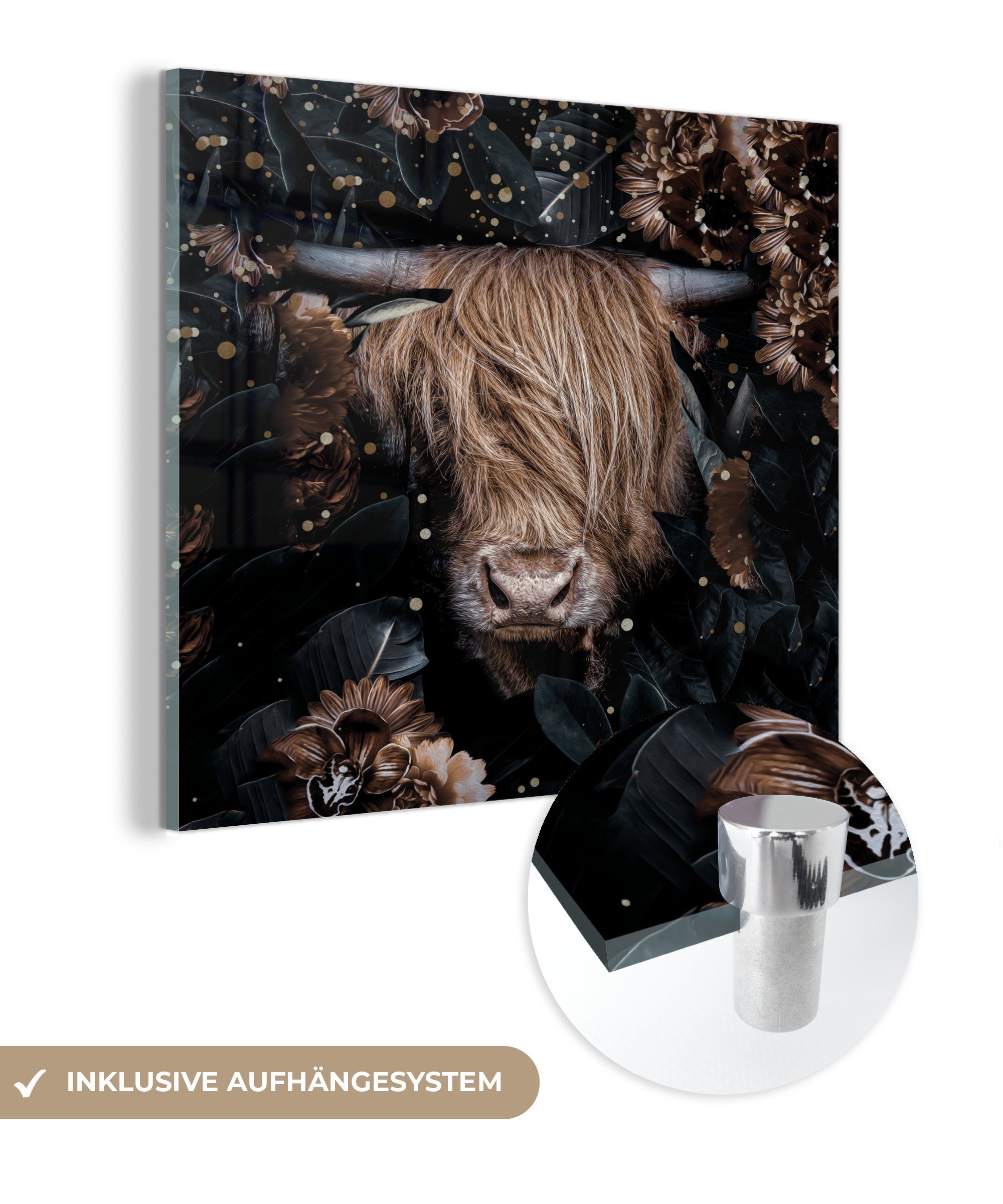 MuchoWow Acrylglasbild Schottische Highlander - Kühe - Blumen - Licht, (1 St), Glasbilder - Bilder auf Glas Wandbild - Foto auf Glas - Wanddekoration