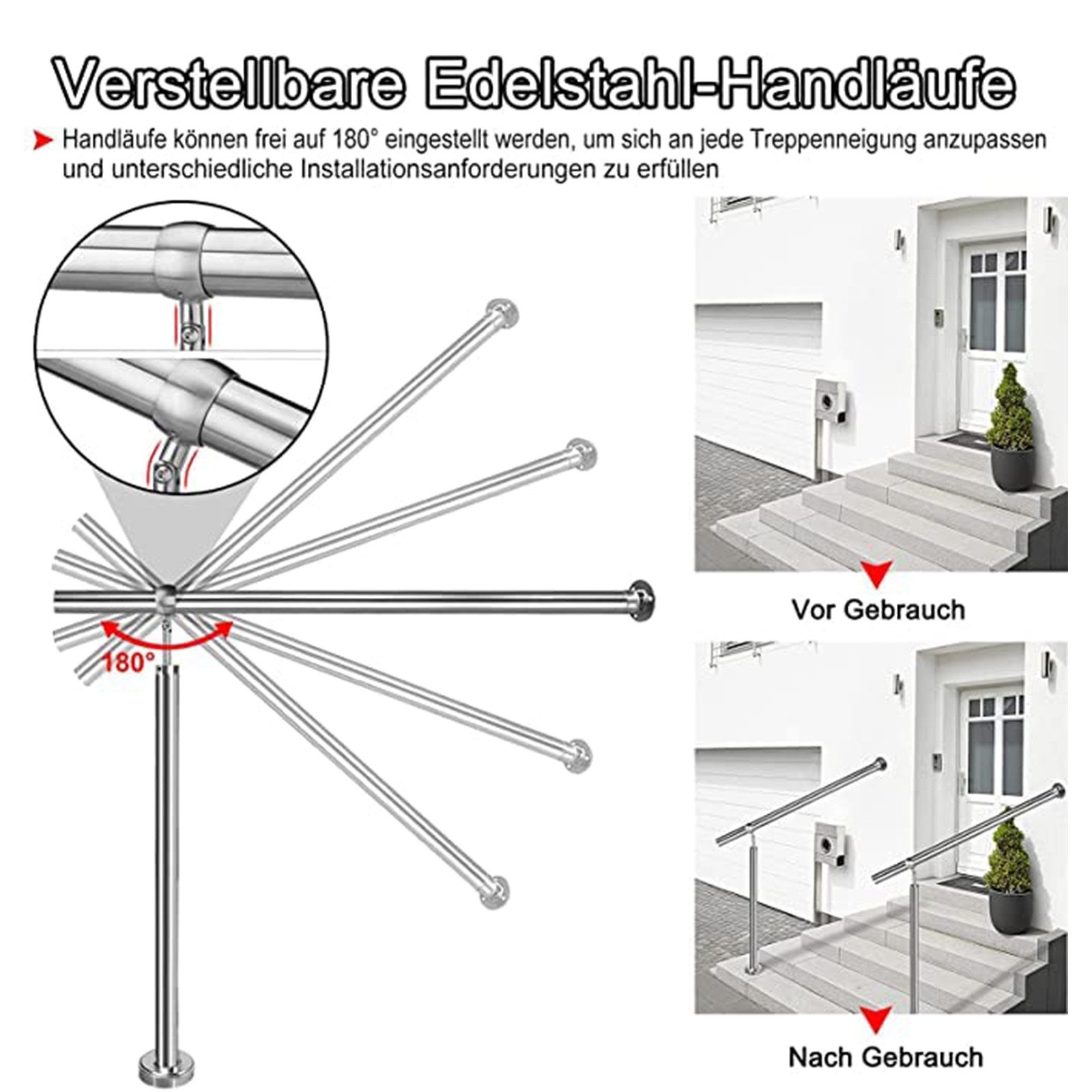 FIVMEN Treppengeländer Edelstahl Geländer Eingangsgeländer 80/100/120/150/180/200cm, 150 cm Länge, Wandhandlauf Handlauf für Treppenhaus, Außen & Innen – Bild 5 von 5