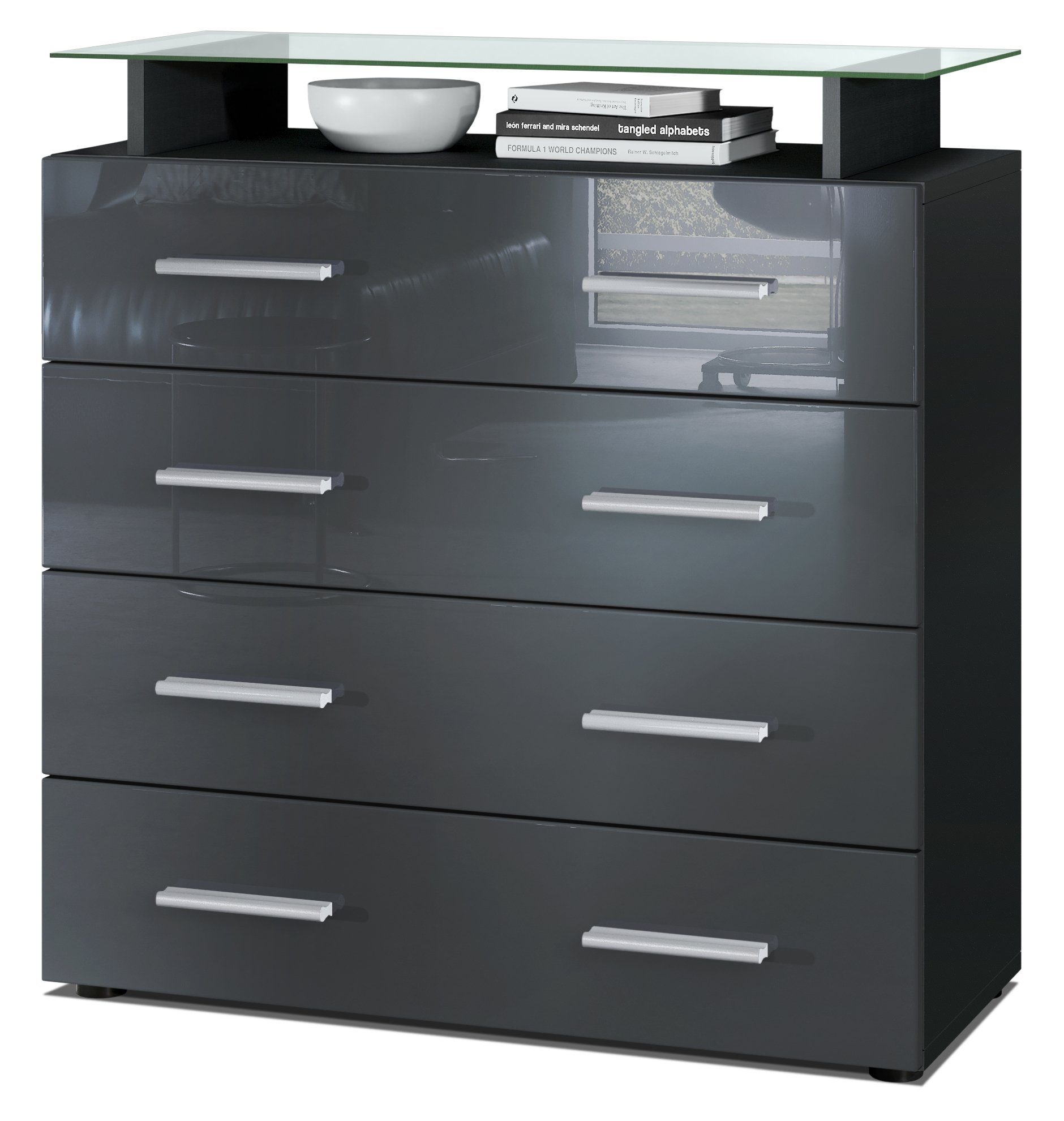 Vladon Kommode Pavos V2 (Kommode, mit 4 Schubladen und Glasablage), Schwarz matt/Grau Hochglanz (76 x 81 x 35 cm)