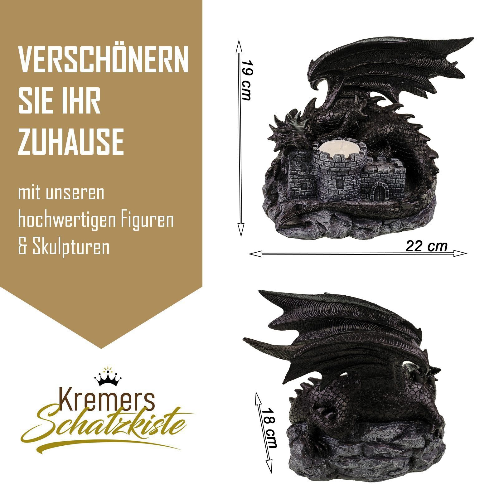 Kremers Schatzkiste Teelichthalter XXL Drache Burg Drachenwächter 19 cm Figur Gothic Deko Teelicht