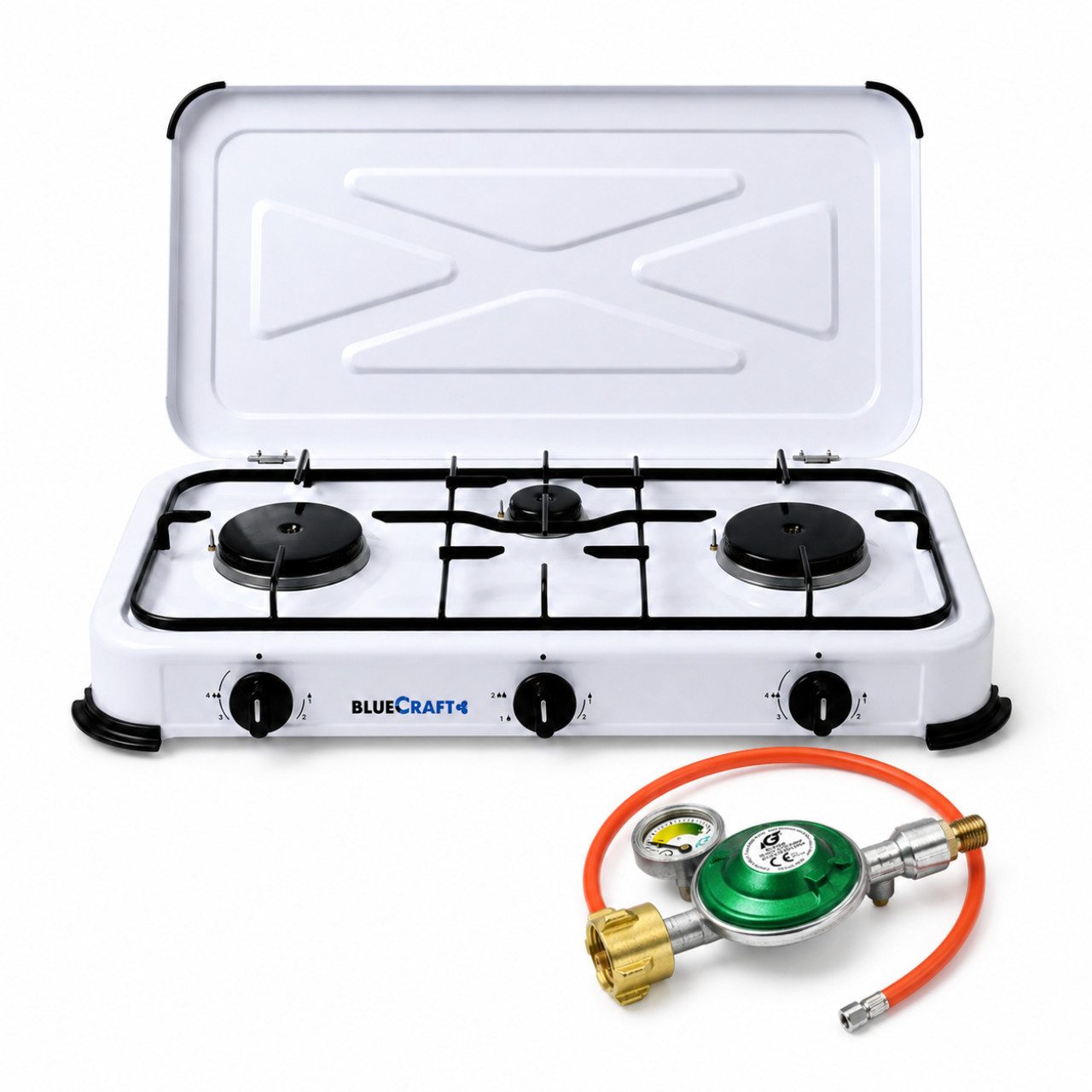 BlueCraft Gaskocher 3 flammig mit Zündsicherung 50mbar Propan Gas Campingkocher 5,25 kW, (mit Schlauch 100 cm und Gas Regler Druckminderer mit Manometer), Camping Gas Kocher 3 flammen für Gasflasche Gasherd Gas-Kochfeld