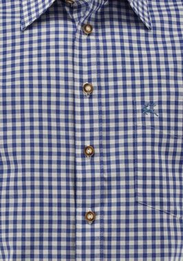 OS-Trachten Trachtenhemd Zihul Kurzarmhemd mit aufgesetzter Brusttasche mit Hirsch-Stickerei
