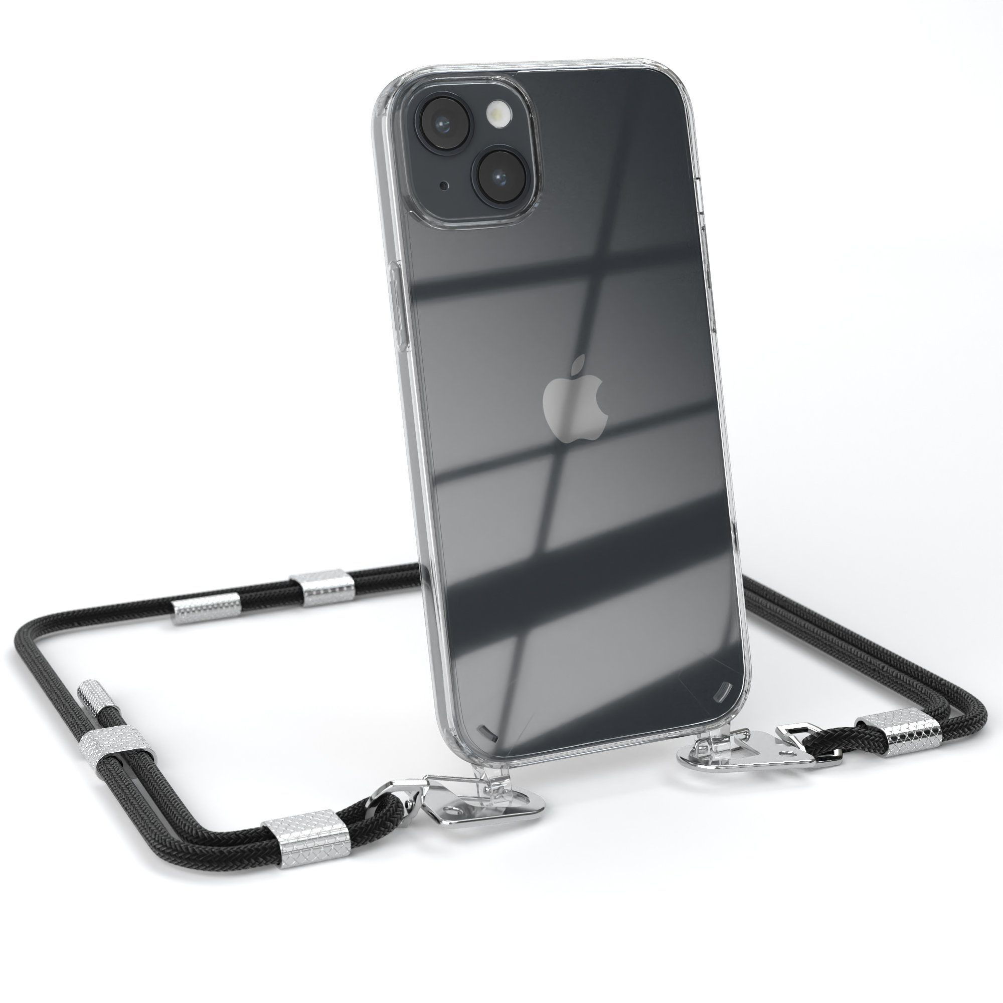 EAZY CASE Handykette Silikonhülle mit Kette für Apple iPhone 14 Plus 6,7 Zoll, Ketten Hülle Transparent Case Kettenhülle abnehmbare Kordel Schwarz
