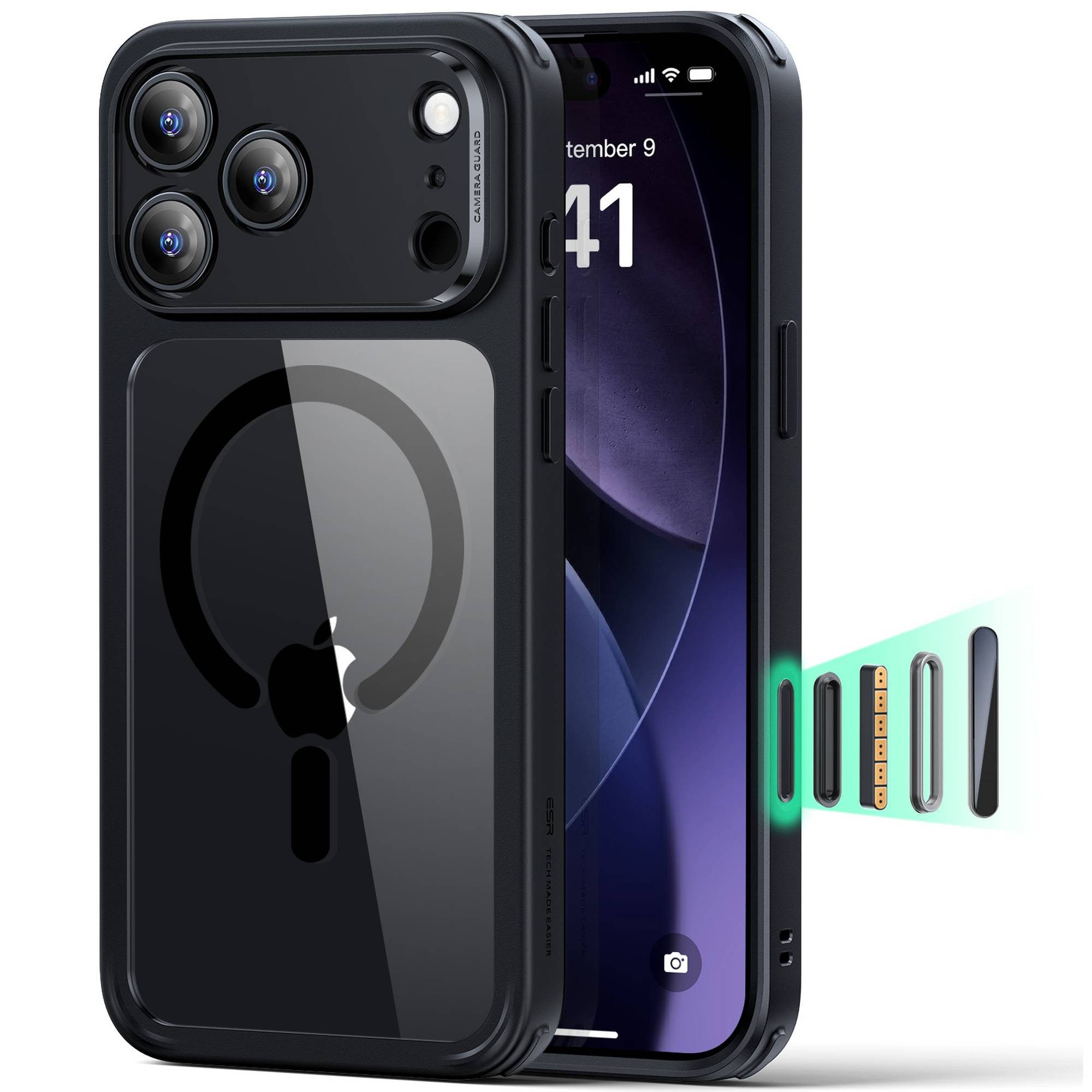 ESR Handyhülle Classic Hybrid HaloLock Case für iPhone 17 Pro, Kamerasteuerung Taste, 3,3m Fallschutz, 1,5kg Magnetkraft