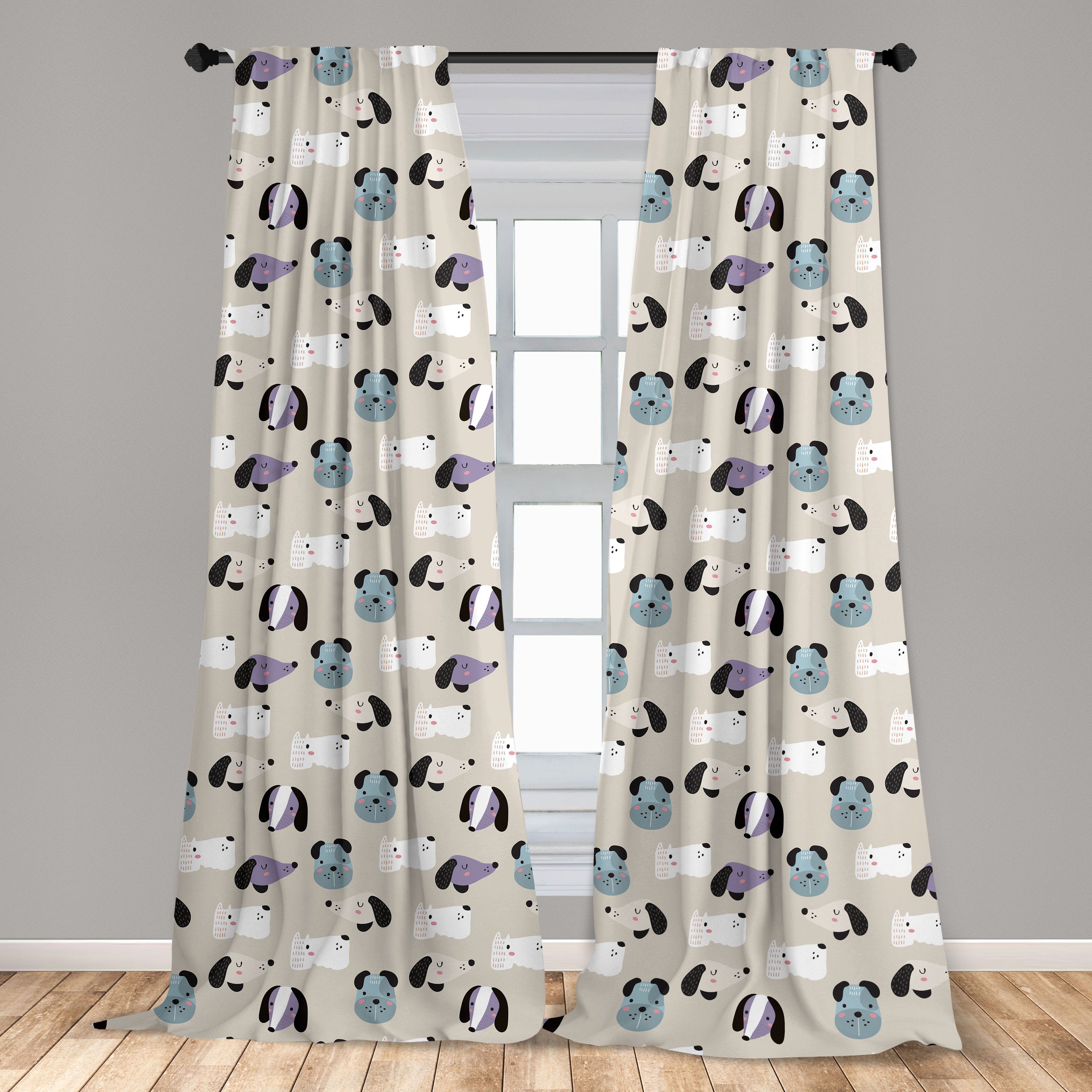 Gardine Vorhang für Wohnzimmer Schlafzimmer Hund Cartoon-Welpen-Gesichter Dekor, Nursery Abakuhaus, Microfaser