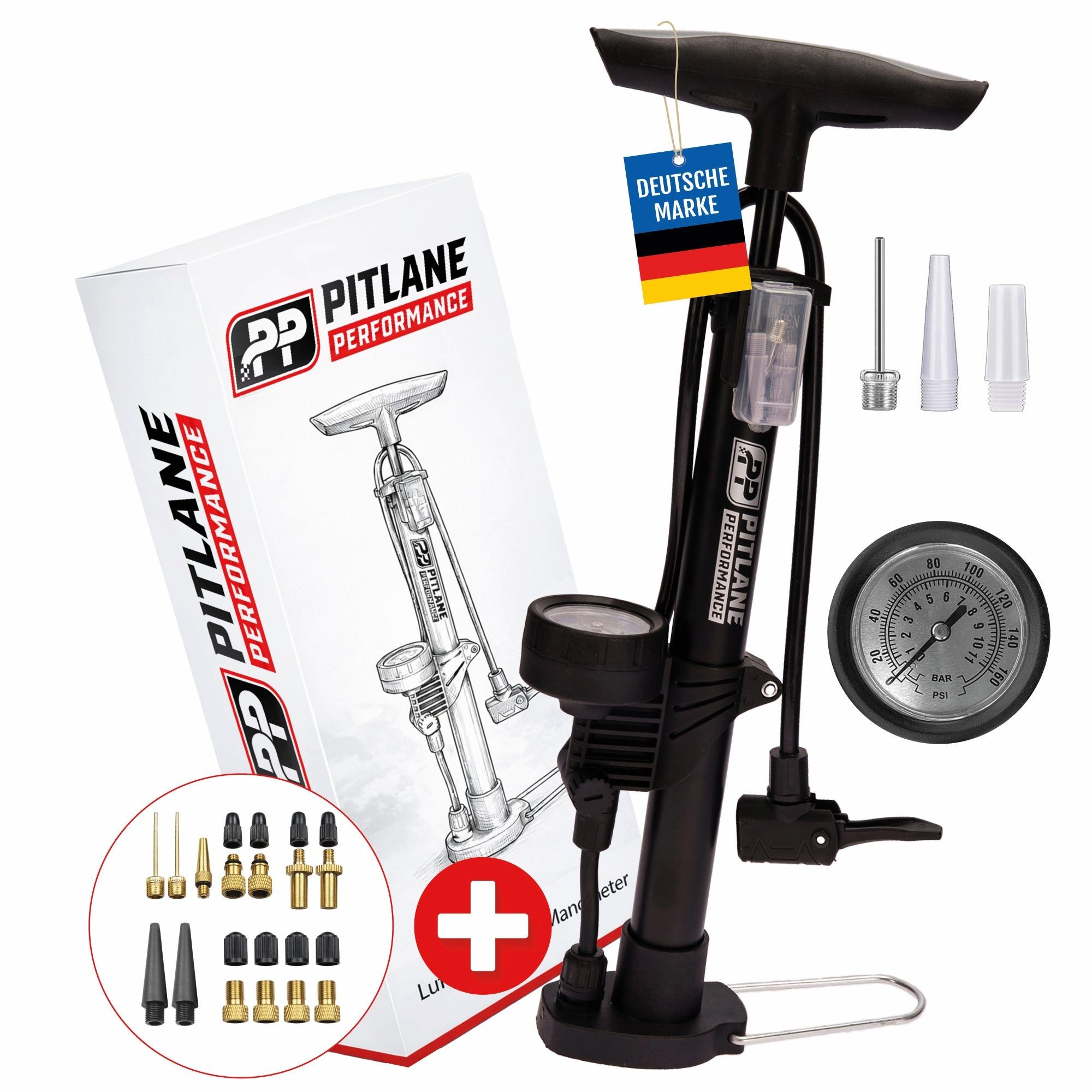 Pitlane Performance Standpumpe Fahrrad & Luftpumpe Auto Fahrradpumpe bis 11 Bar für alle Ventile, Professionelle Bike Pump & Air Pump Luftpumpe Fahrrad Pumpe