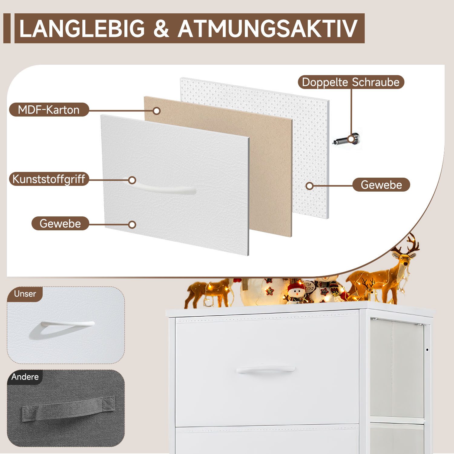 Refined Living Kommode Schubkastenkommode mit 2/4/5 /7/8/9 Schubladen stabilem Stahlrahmen (Beistelltisch mit Holzoberfläche und Stoffschubladen Modernes Design, Kommode Wohnzimmer mit Stabiler Stahlrahmen, Holzplatte 95cm Hoch), Kommode Geeignet für Kleidung, Kinder, Wohnräume, Flure, Eingänge