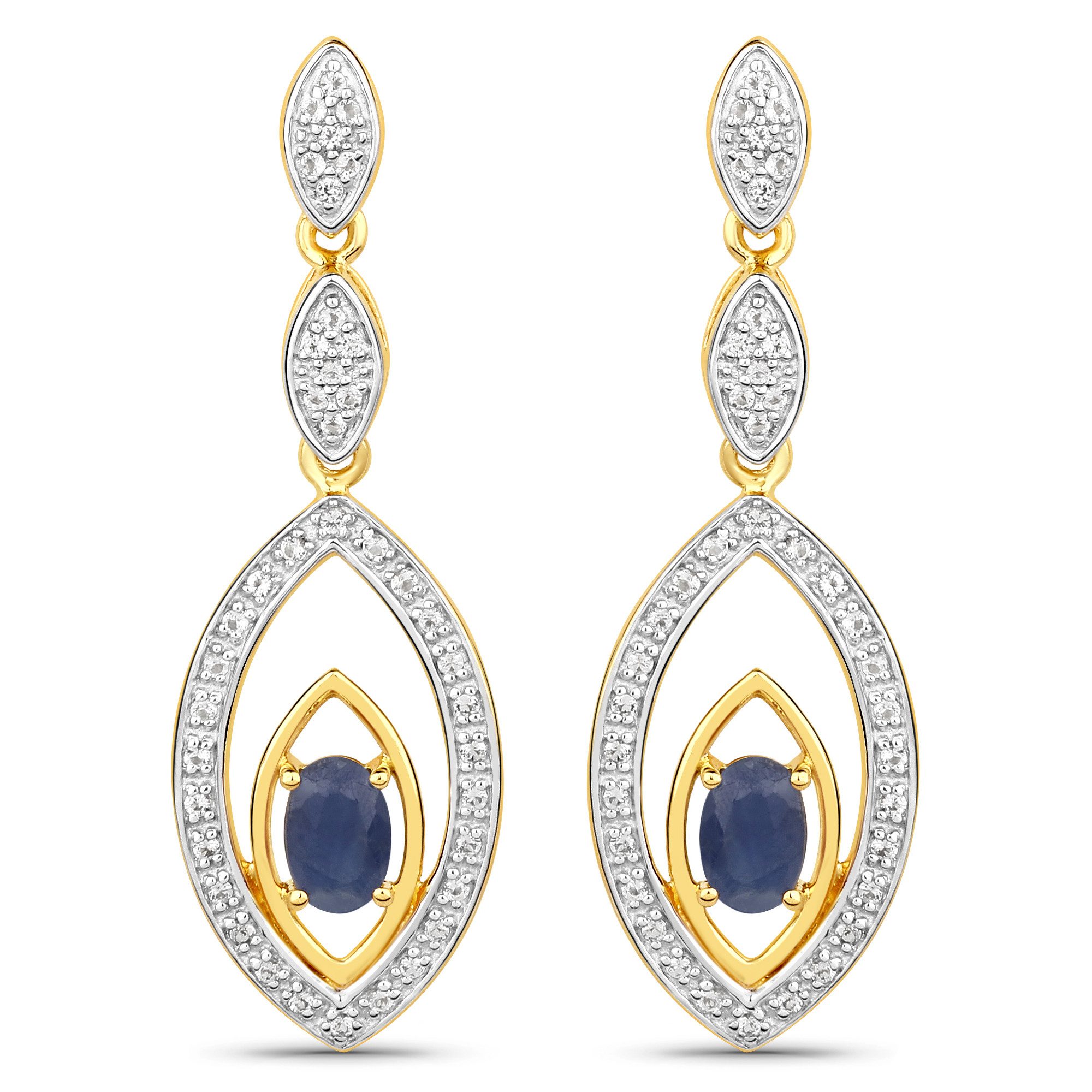 Paar Ohrhänger Silber 925 zweifarbig 40mm lang mit 2x Saphir und 80x Weiß-Topas