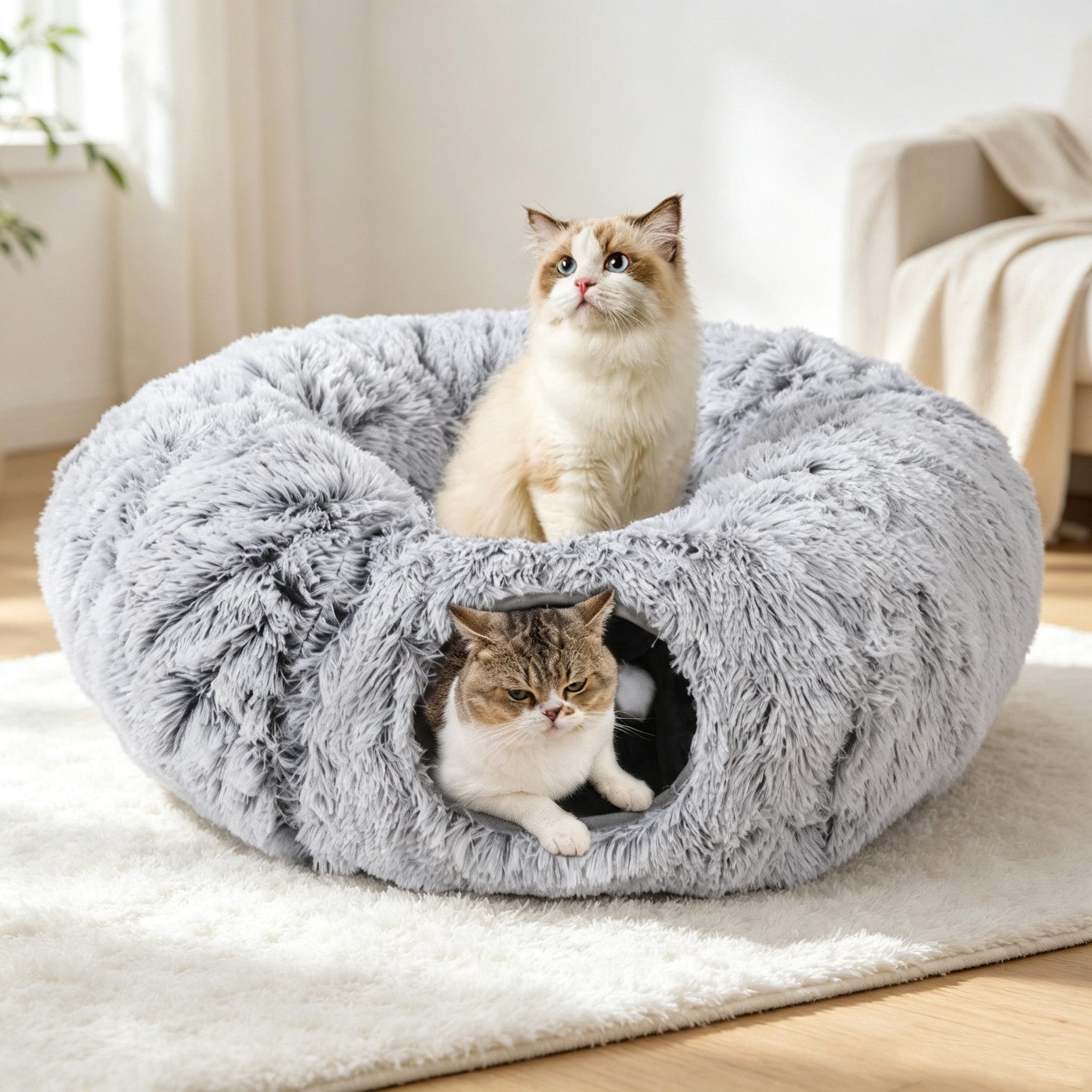 Rywell Kleintiertunnel 2-in-1 katzentunnel spieltunnel, Kühlmatte mit HäNgenden Ball Guckloch, katzentunnel donut für Indoor-Spiel & Ruhe,3 Formen verstellbar von Rywell
