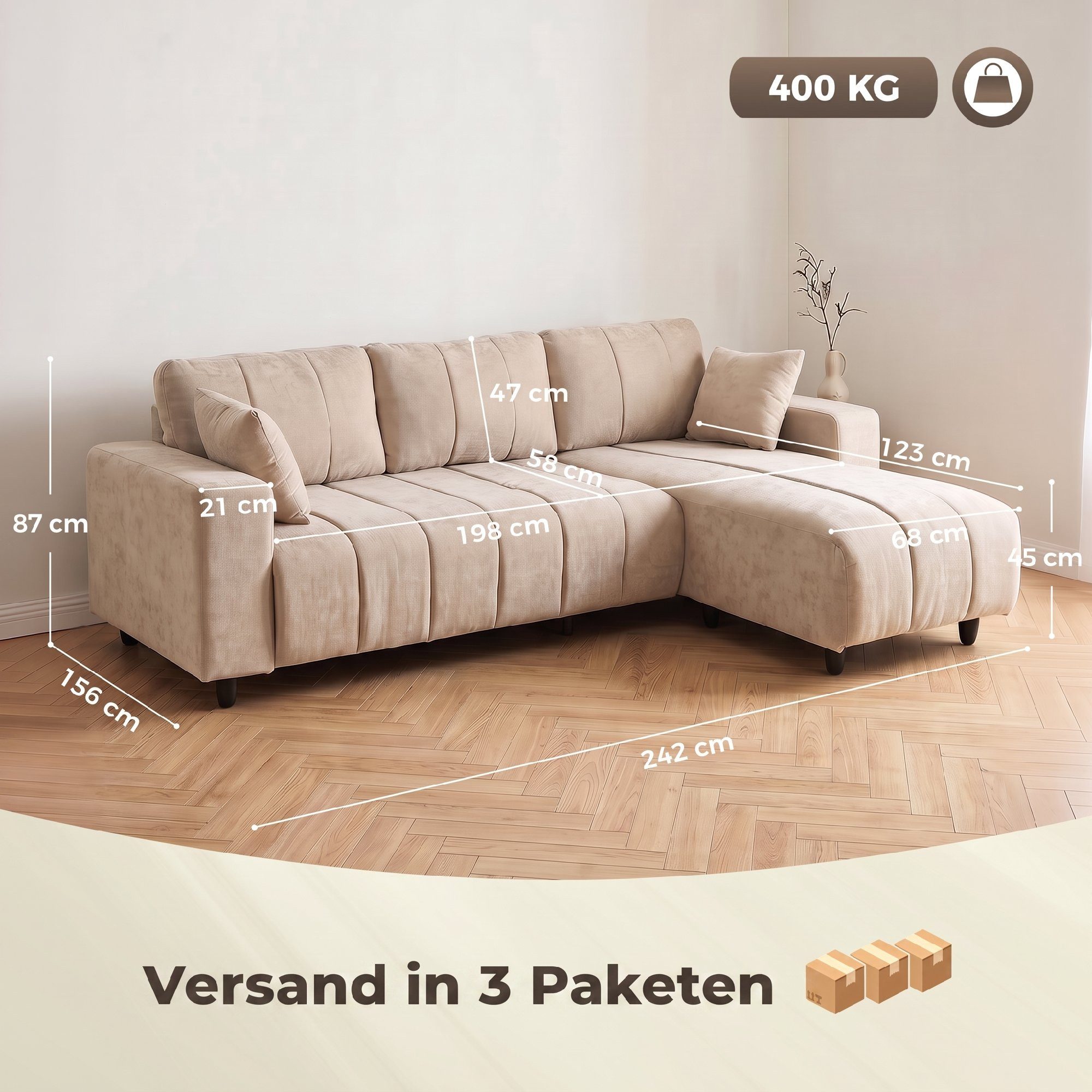 HOMCOM Ecksofa Sofa in L-Form, gepolstert, Umkehrbare Chaiselongue, 242x156x87cm, Couchgarnitur 1 Teile, für Wohnzimmer, Beige