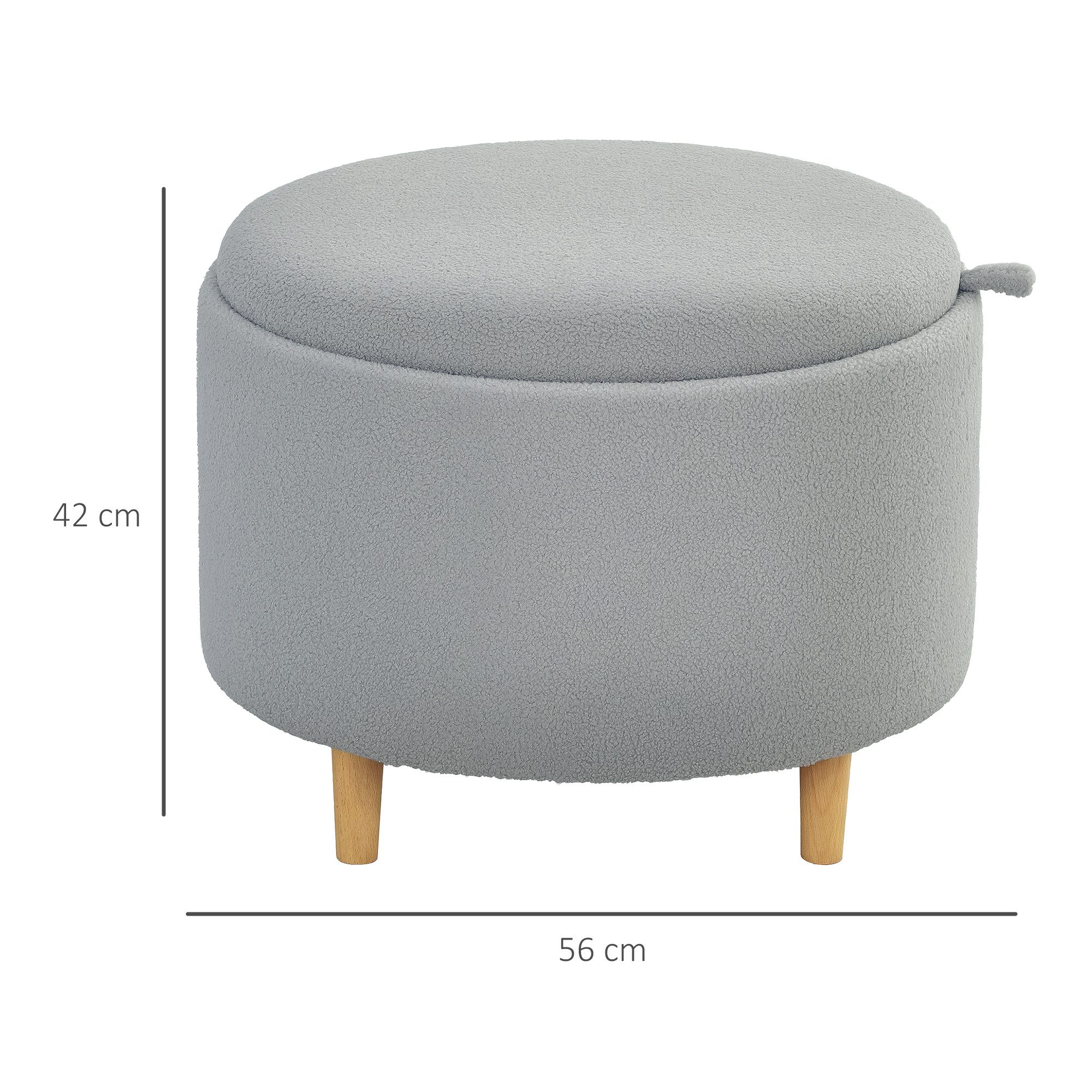 HOMCOM Sitzhocker mit Klappdeckel, Holzbeine (Hocker, 1 St., Polsterhocker), für Wohnzimmer, Schlafzimmer, Grau, Ø56 x 42 cm