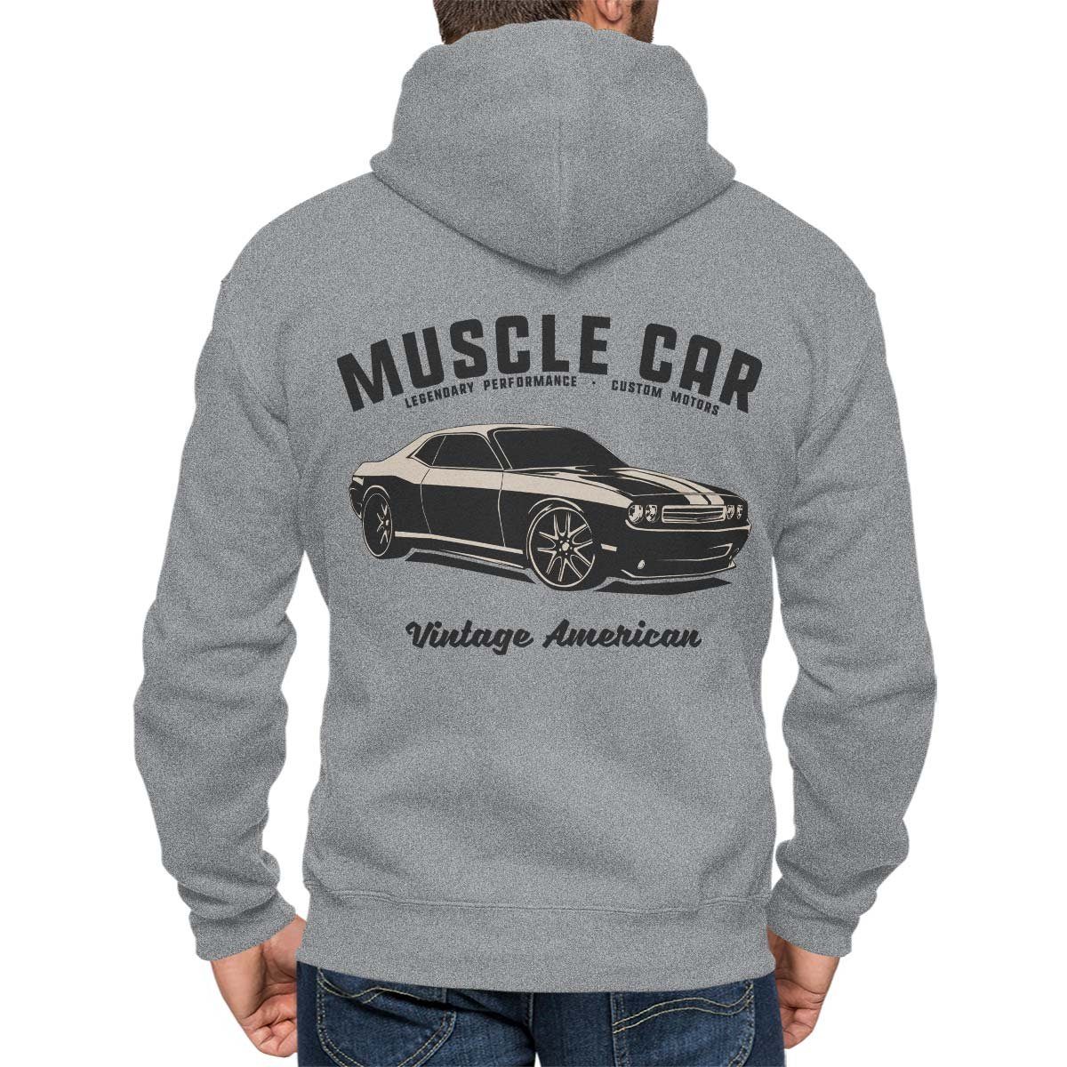 Rebel On Wheels Kapuzensweatjacke Kapuzenjacke Zip Hoodie Chally Vintage America mit Auto / US-Car Motiv Grau Melange
