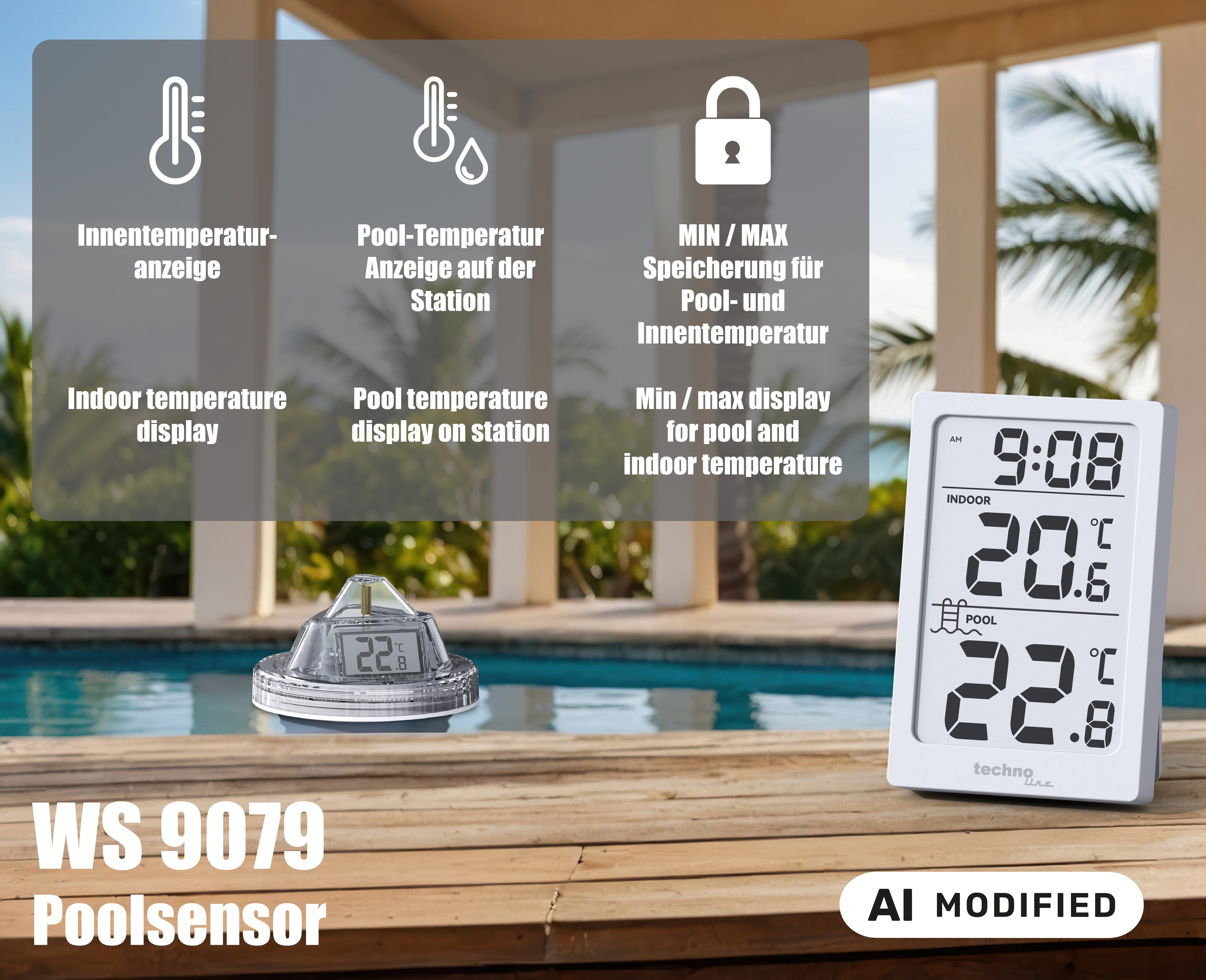 technoline Schwimmthermometer WS 9079, Digitales Poolthermometer mit Innenstation