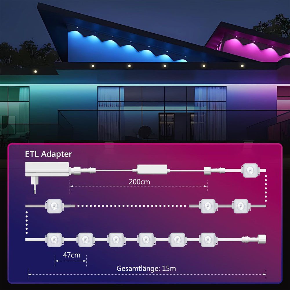 Sunicol LED Stripe Smart RGBIC Wasserdicht Permanente Außenbeleuchtung, 15M/30M/45M, Musik Sync, Timer, APP & Fernsteuerung LED Strip für Garten, Party – Bild 3 von 5