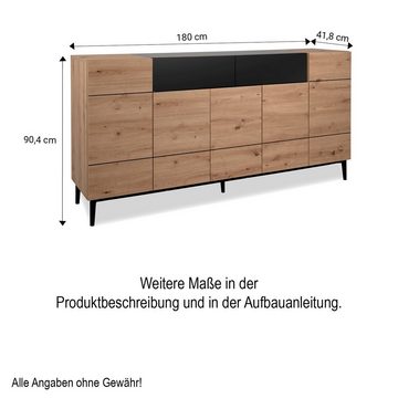 Homestyle4u Kommode Sideboard Wohnzimmerschrank Eiche Holz in Natur Schwarz (Kein Set)